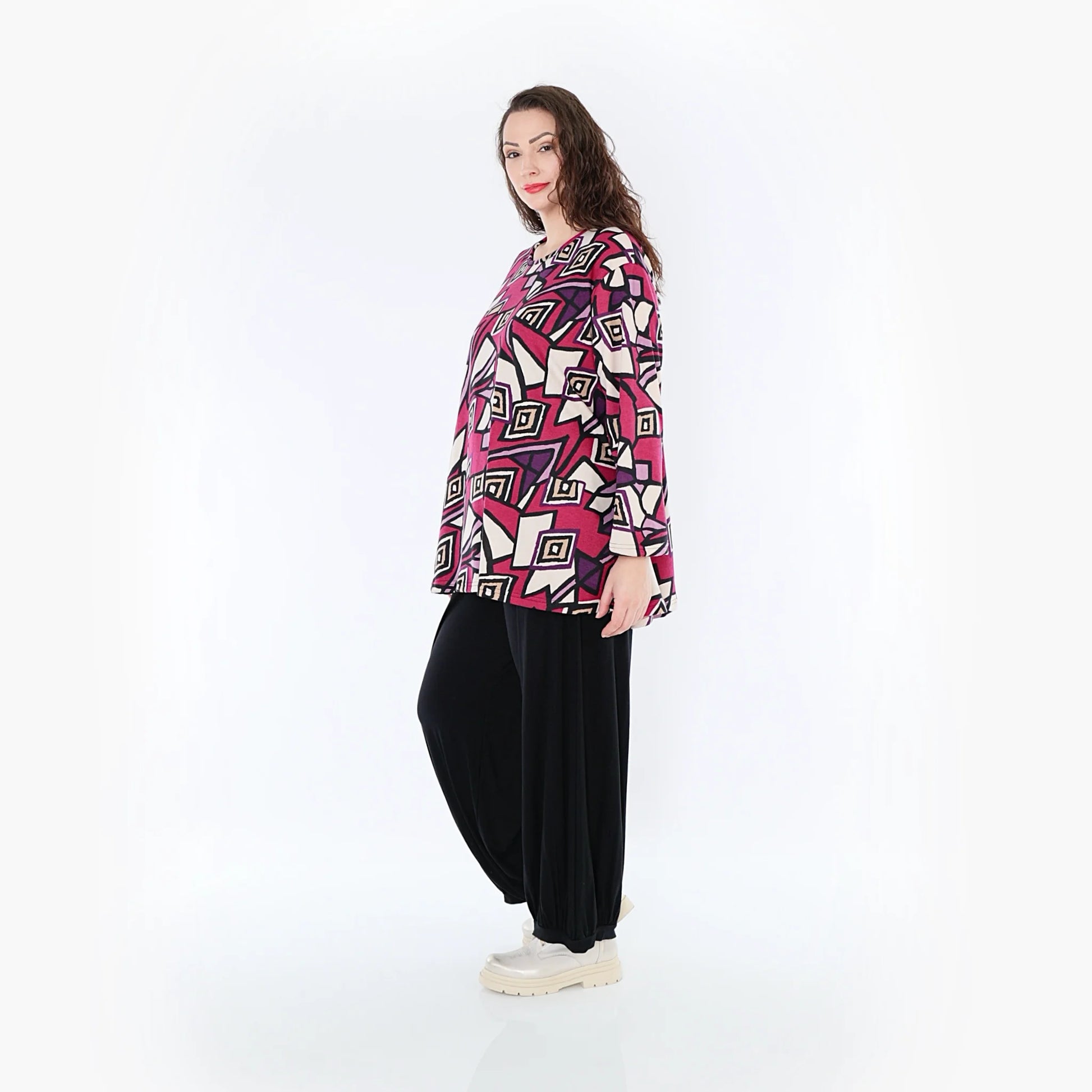 AKH Fashion Shirt in Glocken-Form, aus Viskose, 1397.01892, Fuchsia-Schwarz-Creme, Aztec