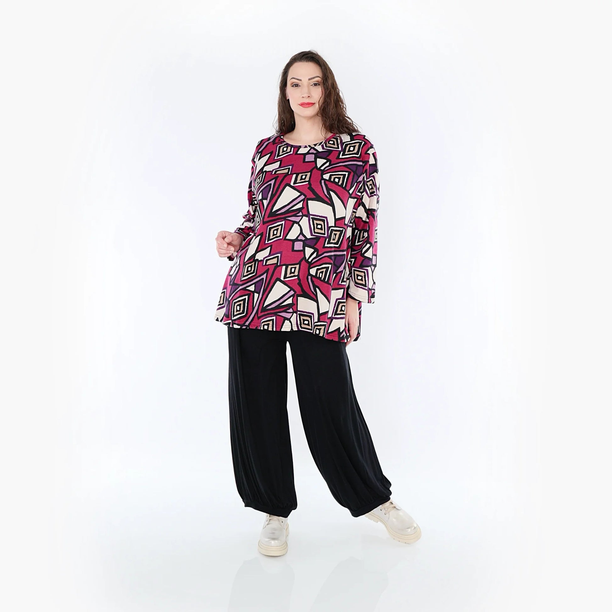 AKH Fashion Shirt in Glocken-Form, aus Viskose, 1397.01892, Fuchsia-Schwarz-Creme, Aztec