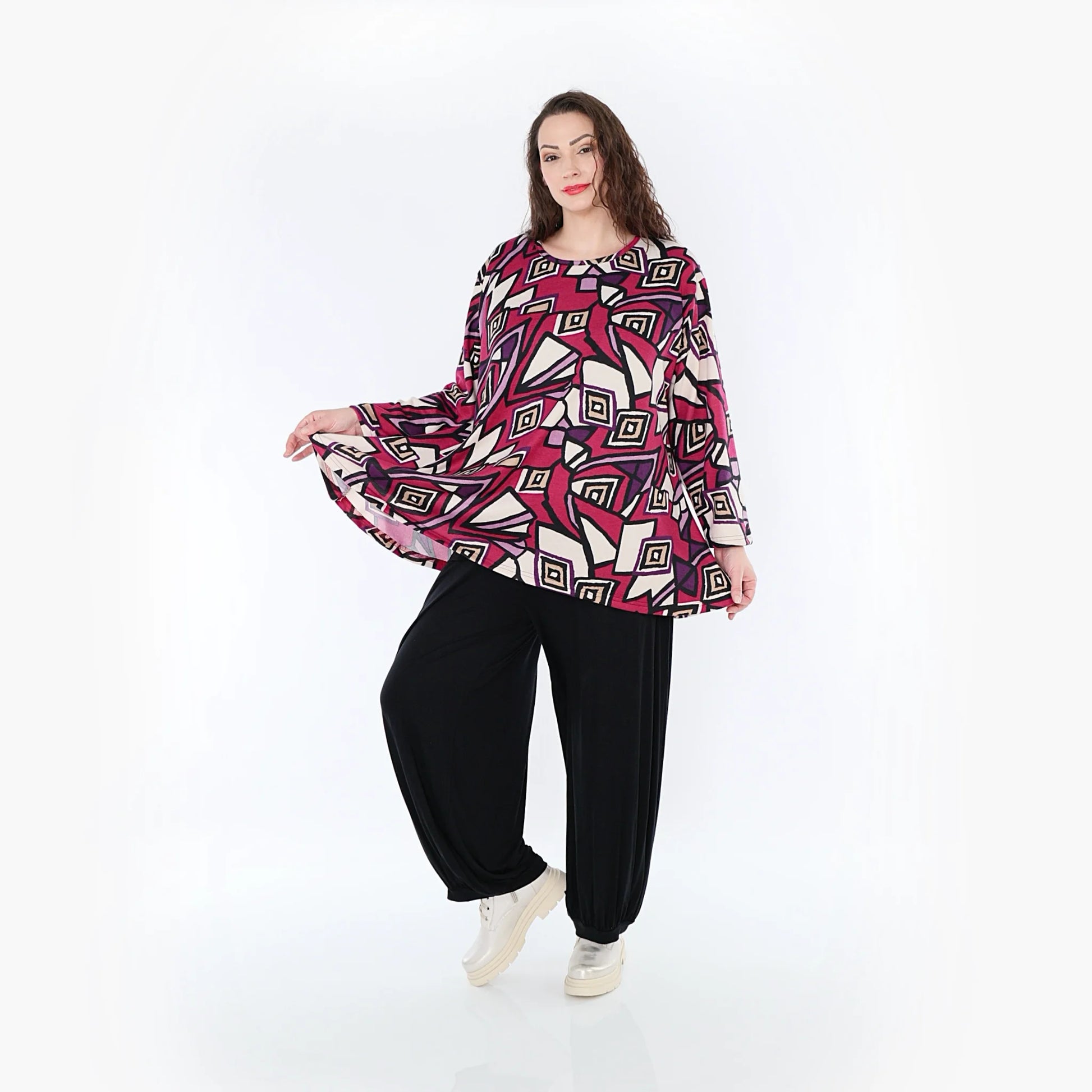 AKH Fashion Shirt in Glocken-Form, aus Viskose, 1397.01892, Fuchsia-Schwarz-Creme, Aztec