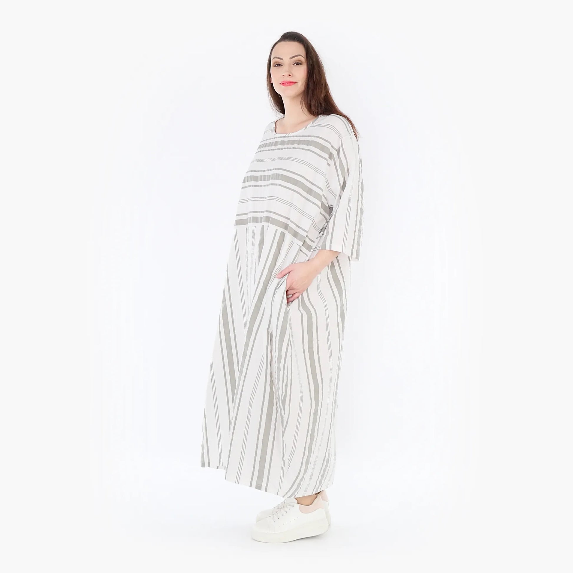 Ballonkleid von AKH Fashion aus Baumwolle, 1420.01926, Weiß/Kiwi, Blockstreifen, Schick