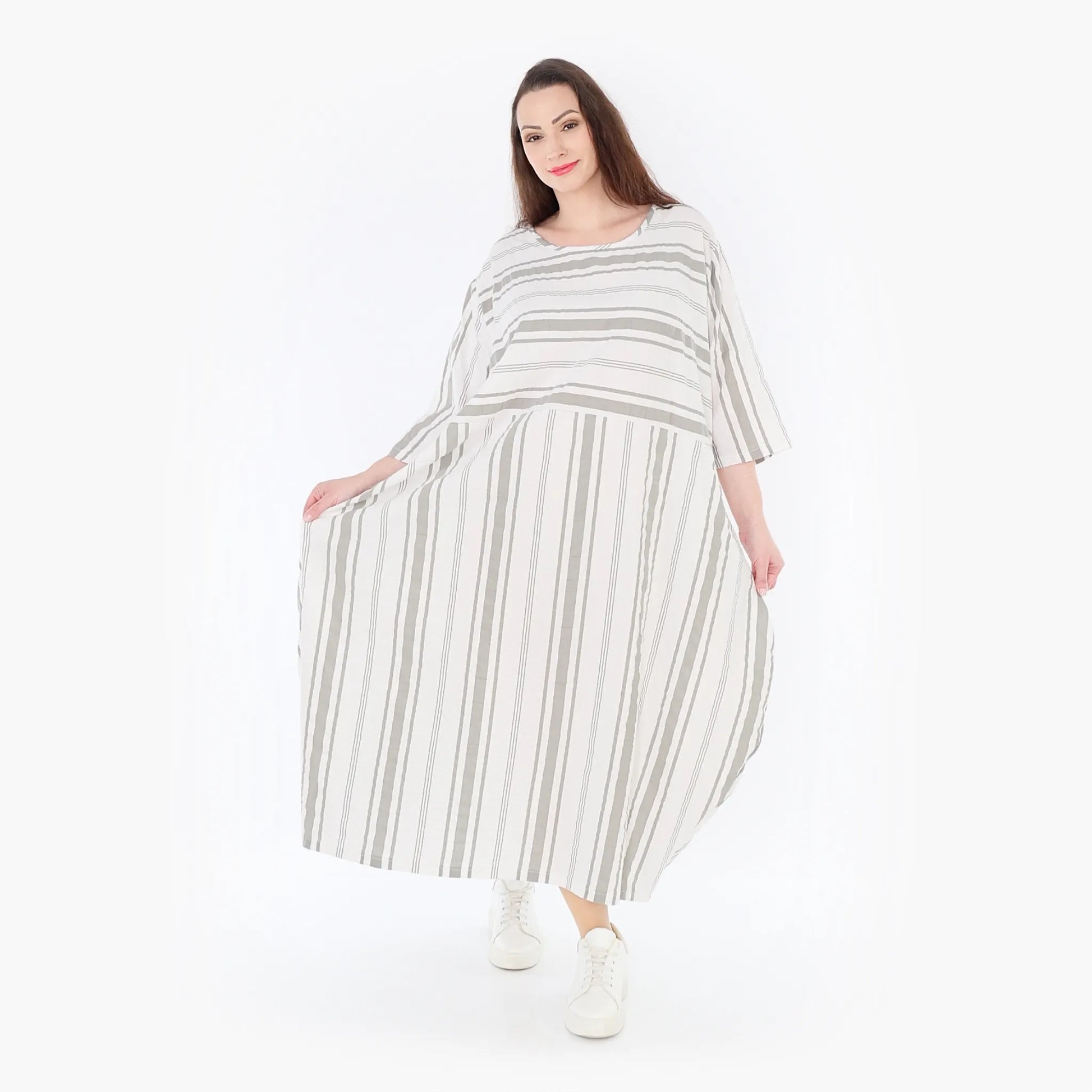 Ballonkleid von AKH Fashion aus Baumwolle, 1420.01926, Weiß/Kiwi, Blockstreifen, Schick
