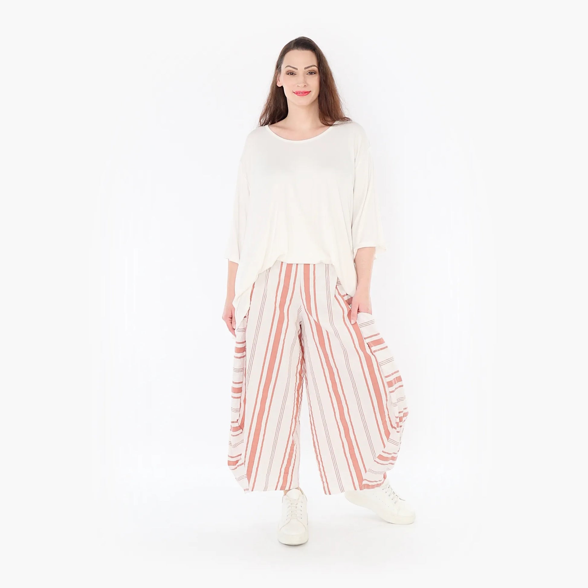 Ballonhose von AKH Fashion aus Baumwolle, 1420.08069, Weiß/Apricot, Blockstreifen, Schick