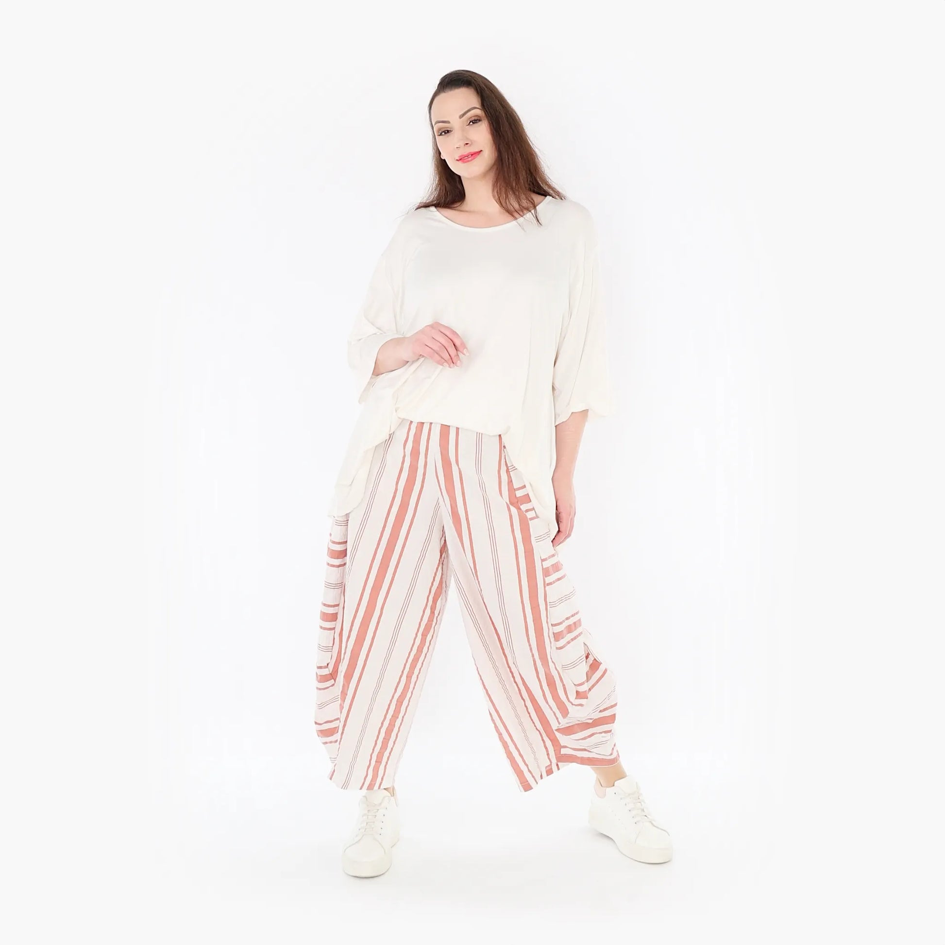 Ballonhose von AKH Fashion aus Baumwolle, 1420.08069, Weiß/Apricot, Blockstreifen, Schick