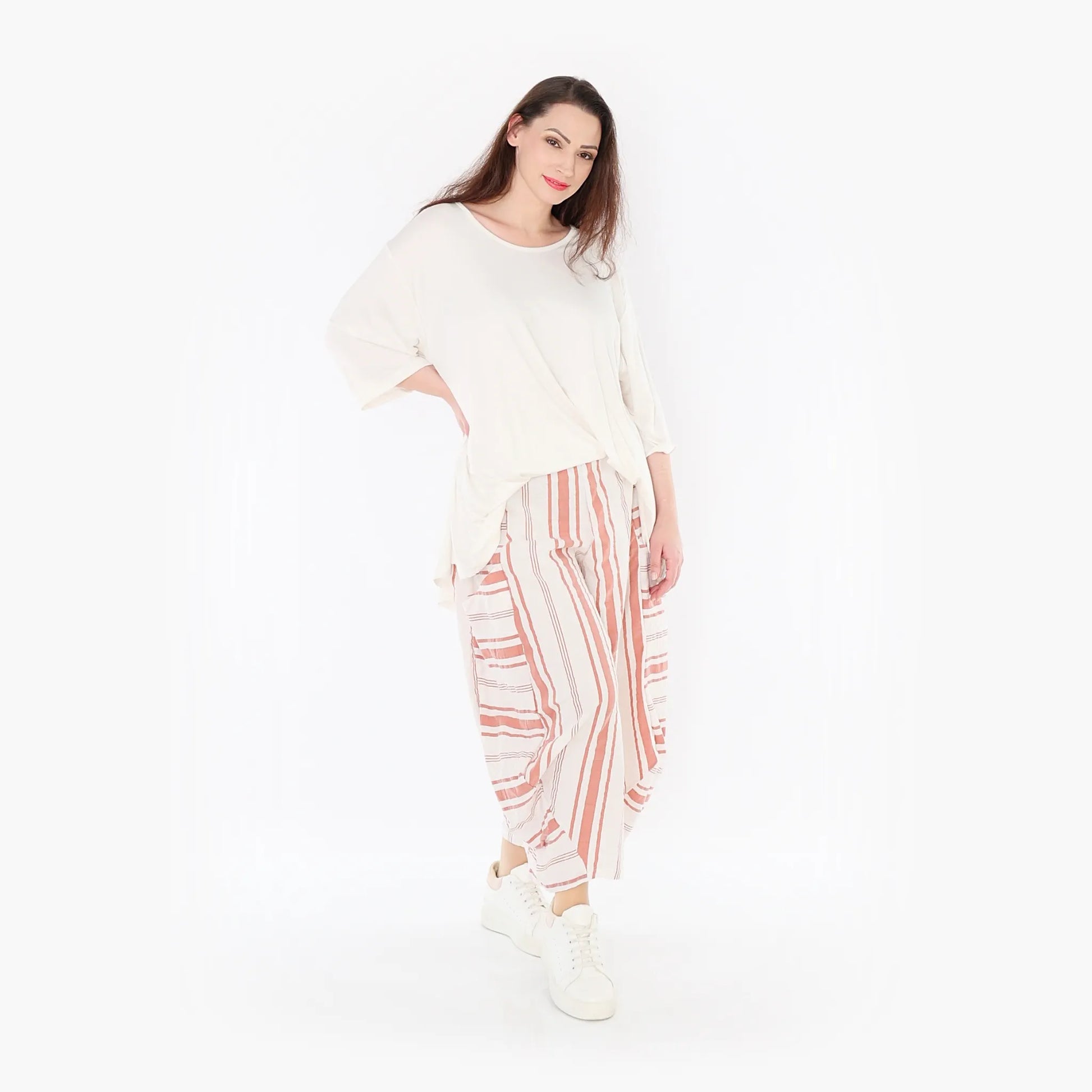 Ballonhose von AKH Fashion aus Baumwolle, 1420.08069, Weiß/Apricot, Blockstreifen, Schick