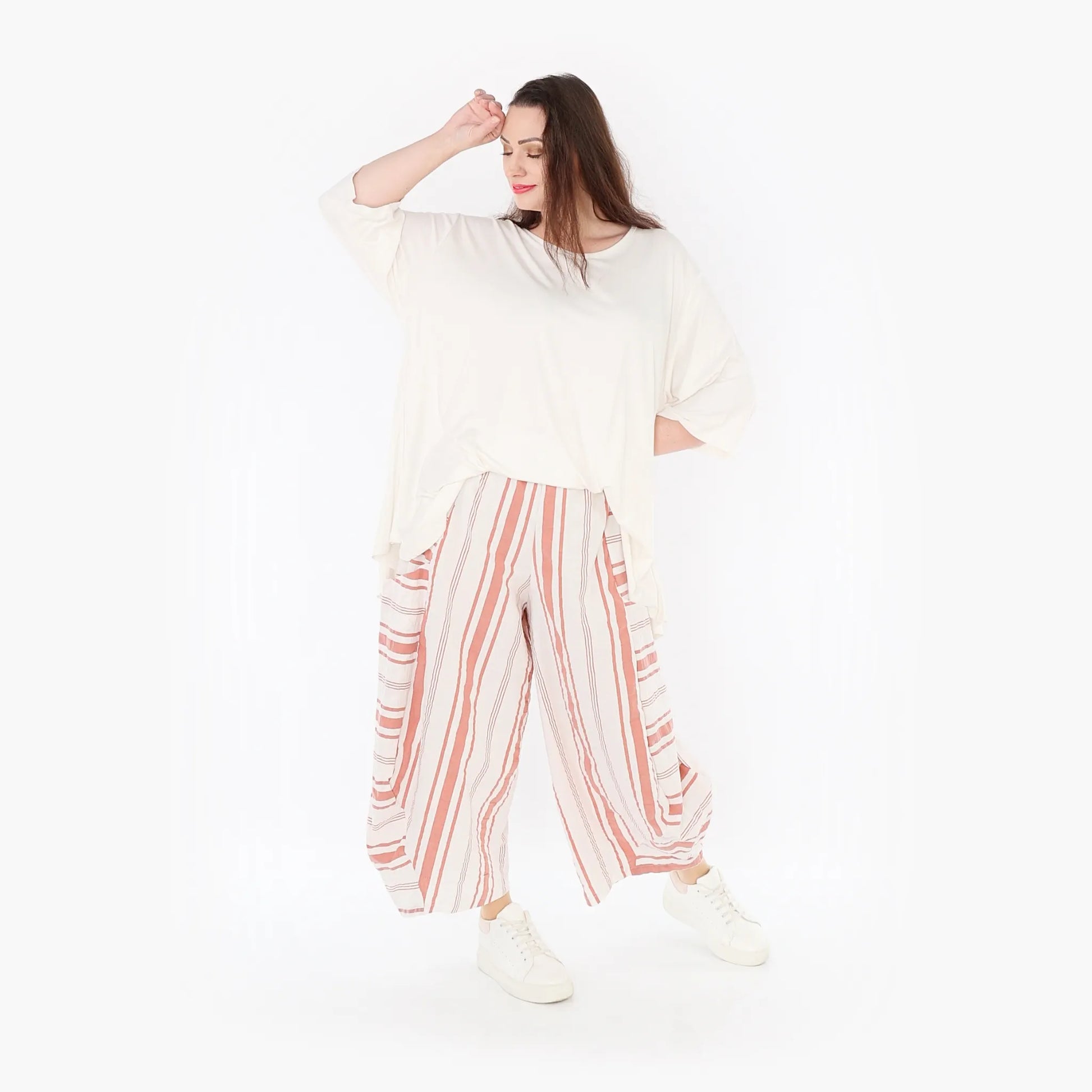 Ballonhose von AKH Fashion aus Baumwolle, 1420.08069, Weiß/Apricot, Blockstreifen, Schick