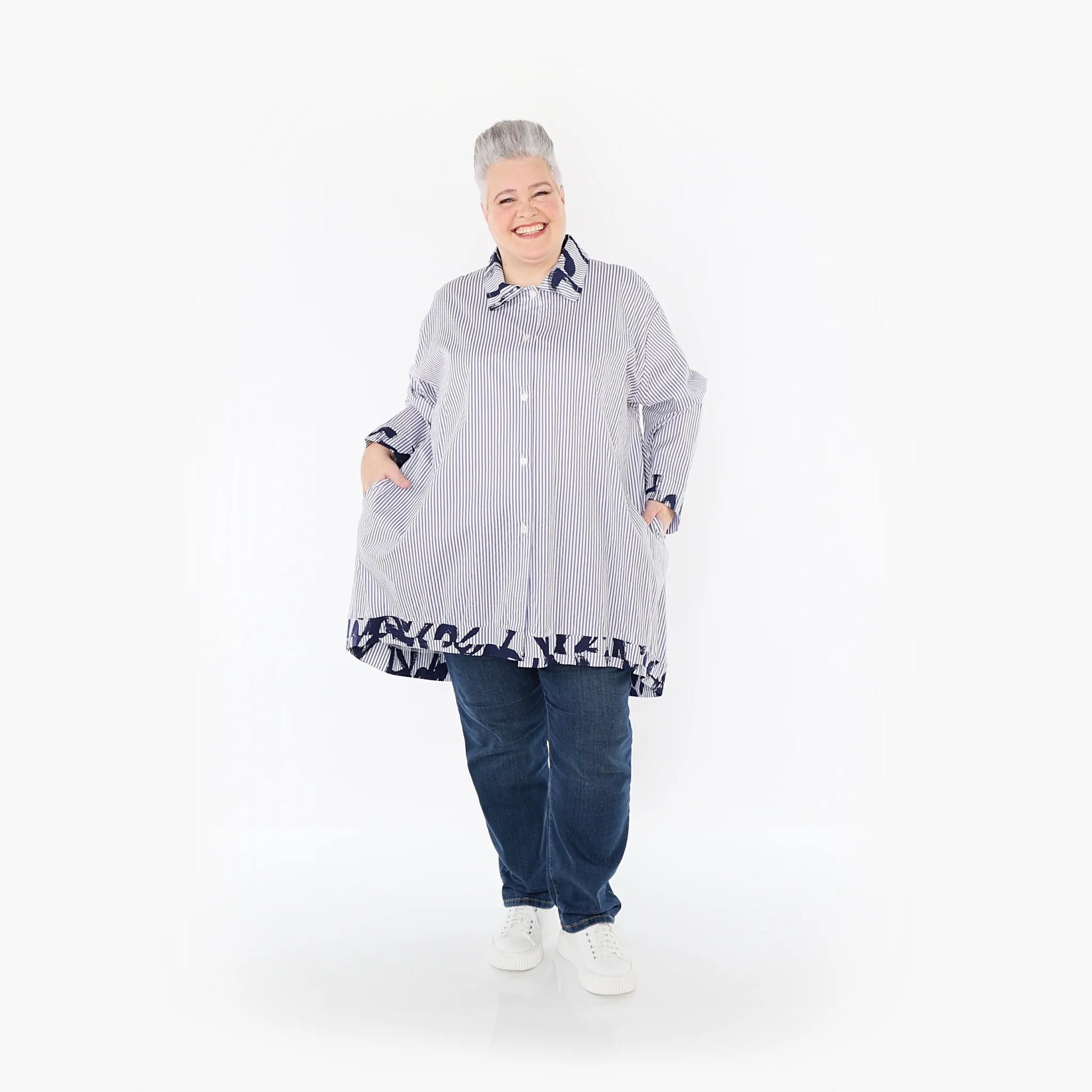 A-Form Bluse von AKH Fashion aus Baumwolle, 1435.07010, Weiß/Blau, Vichy-Streifen, Schick