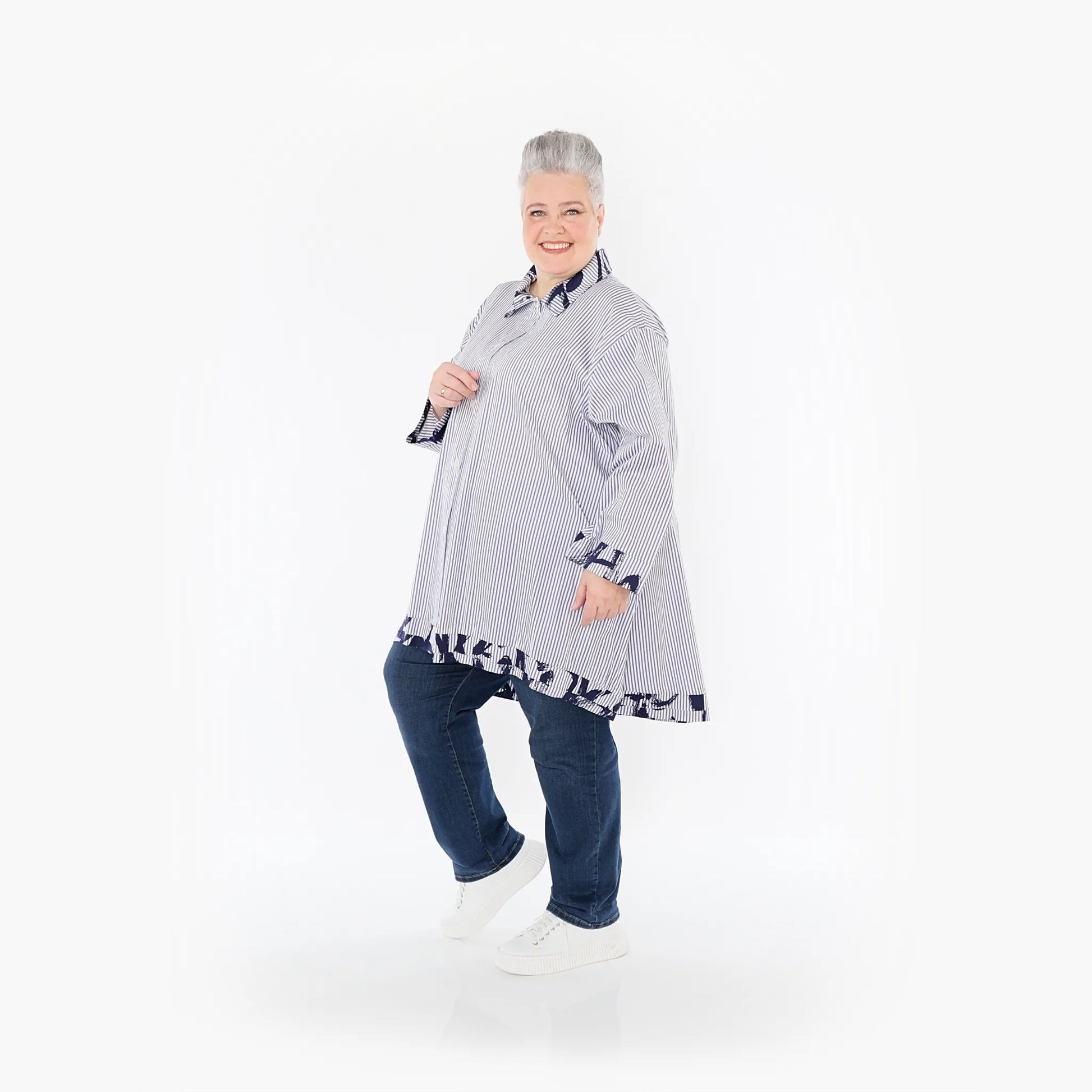 A-Form Bluse von AKH Fashion aus Baumwolle, 1435.07010, Weiß/Blau, Vichy-Streifen, Schick