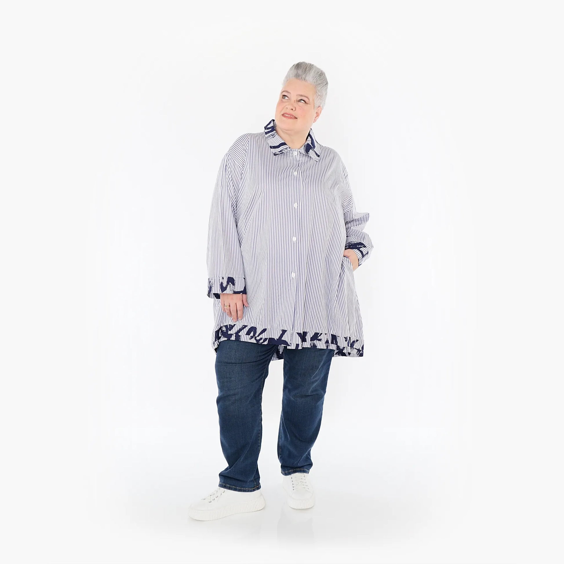 A-Form Bluse von AKH Fashion aus Baumwolle, 1435.07010, Weiß/Blau, Vichy-Streifen, Schick
