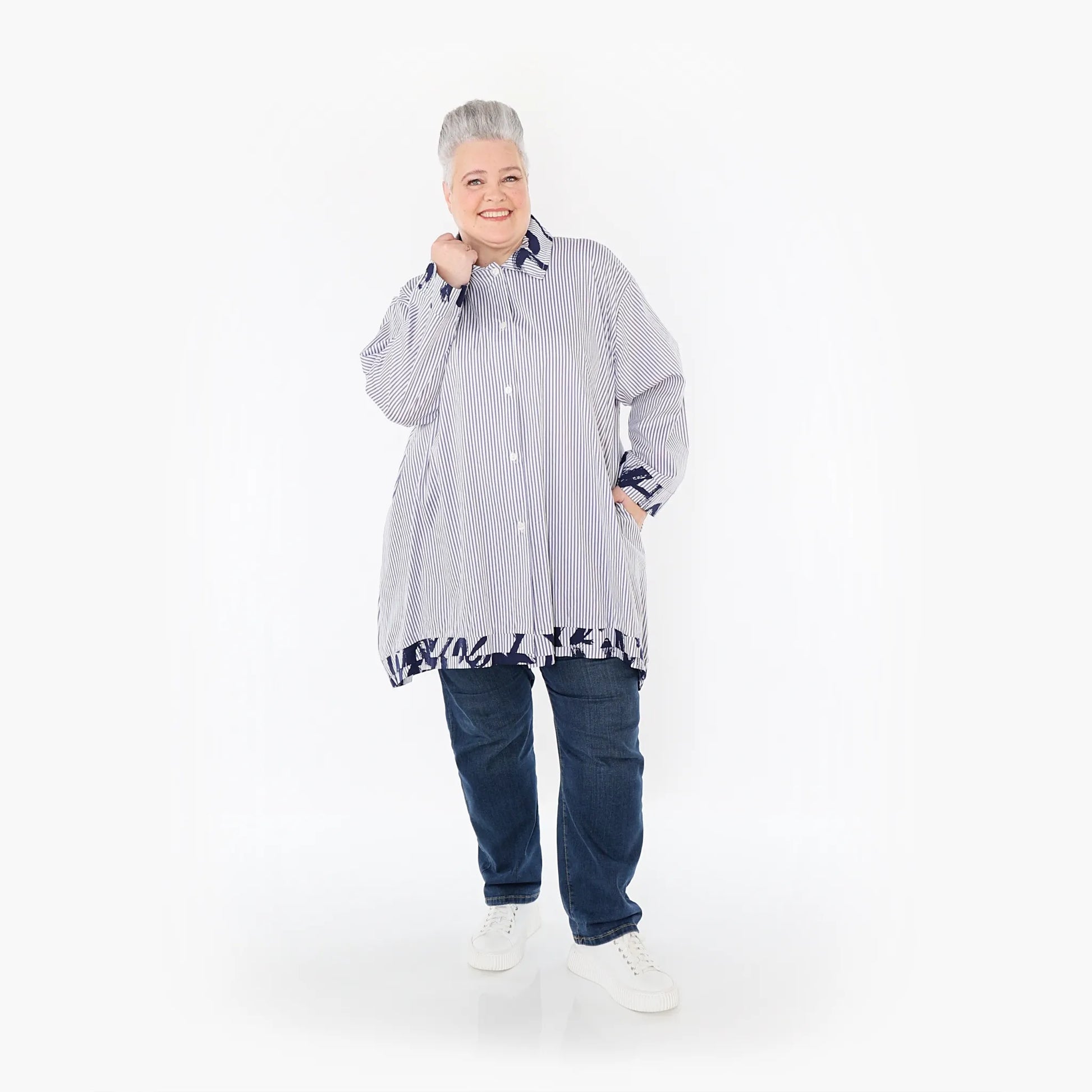 A-Form Bluse von AKH Fashion aus Baumwolle, 1435.07010, Weiß/Blau, Vichy-Streifen, Schick