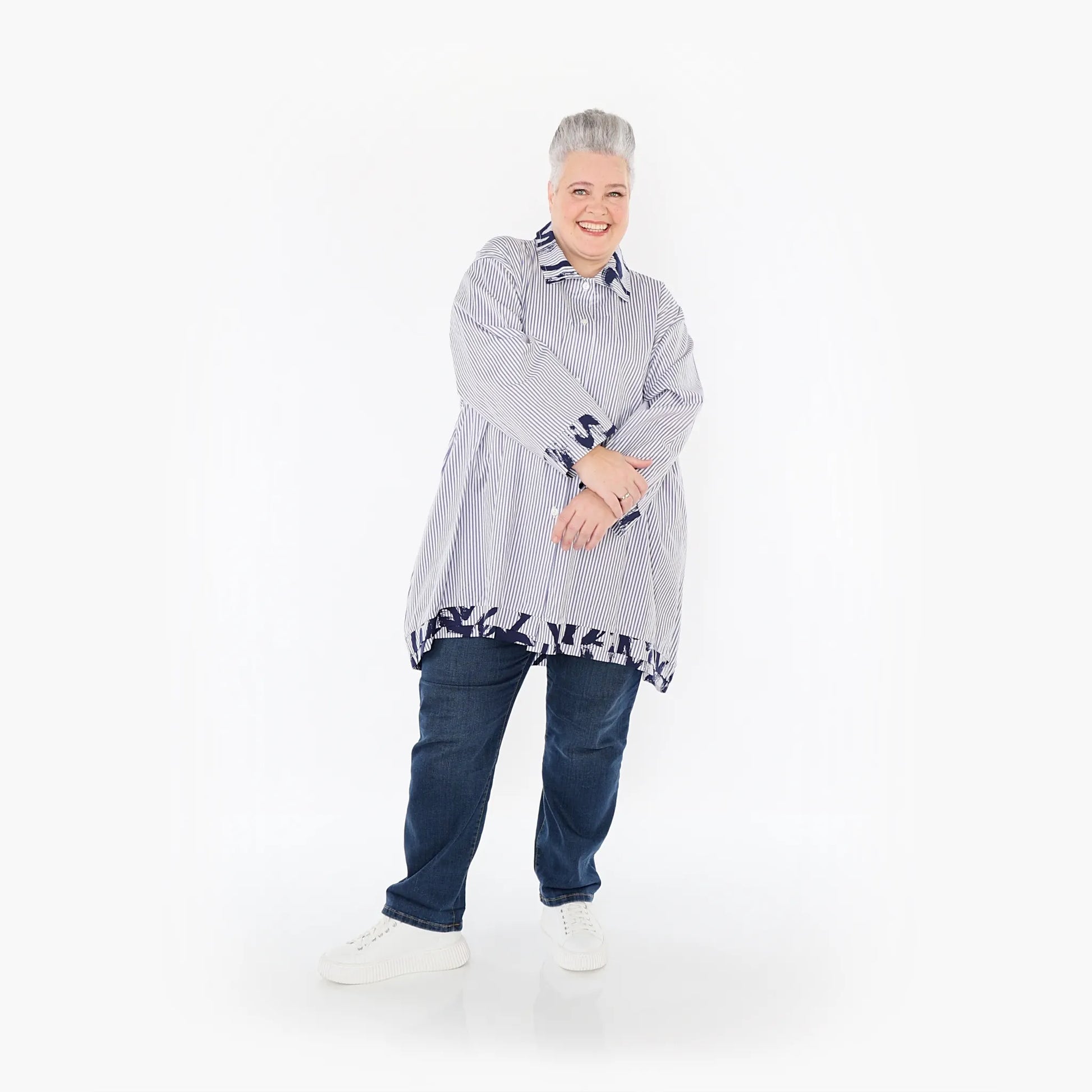A-Form Bluse von AKH Fashion aus Baumwolle, 1435.07010, Weiß/Blau, Vichy-Streifen, Schick
