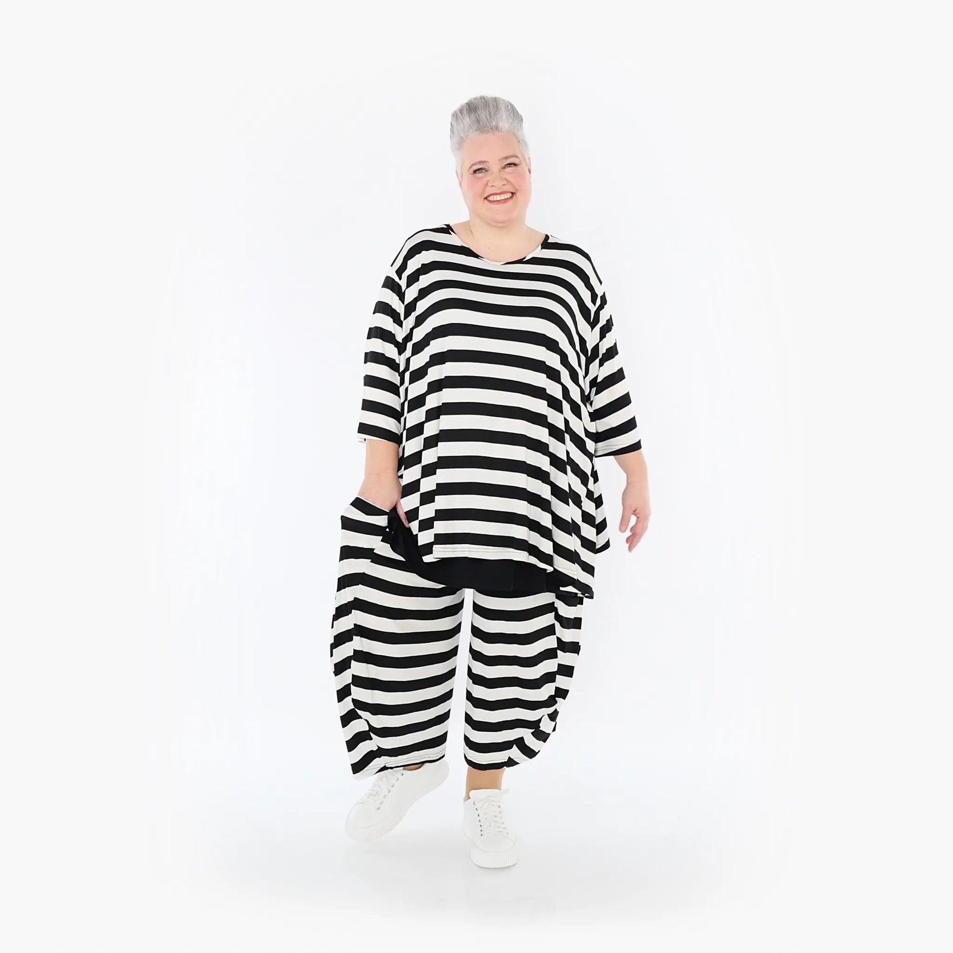 Ballonhose von AKH Fashion aus Viskose, 1459.08069, Weiß/Schwarz, Blockstreifen, Schick