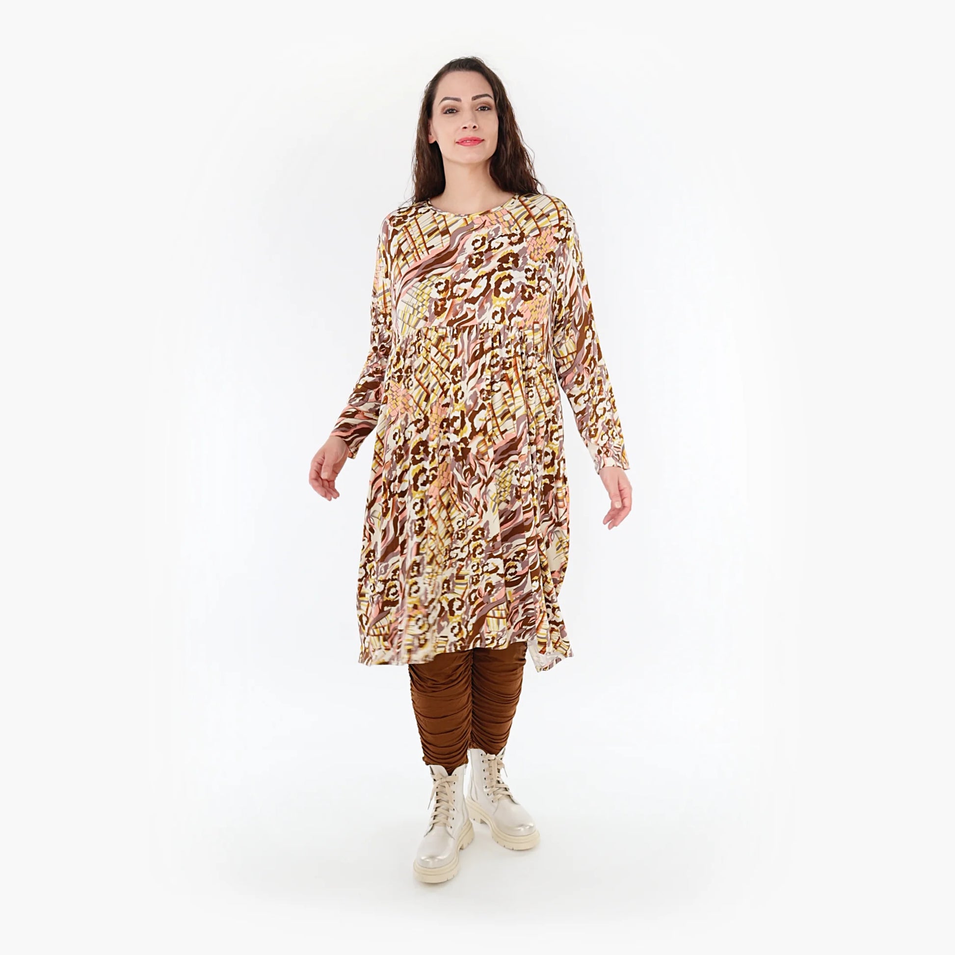 Ballonkleid von AKH Fashion aus Viskose, 1355.06698, Cognac-Rose-Weiß, Muster, Schick