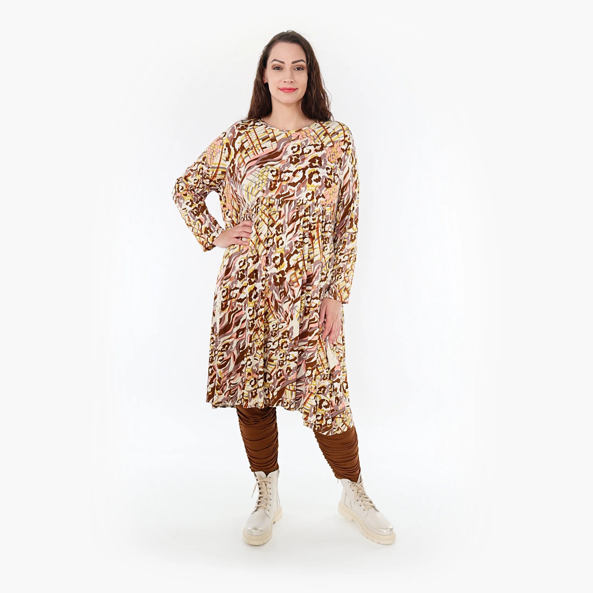 Ballonkleid von AKH Fashion aus Viskose, 1355.06698, Cognac-Rose-Weiß, Muster, Schick