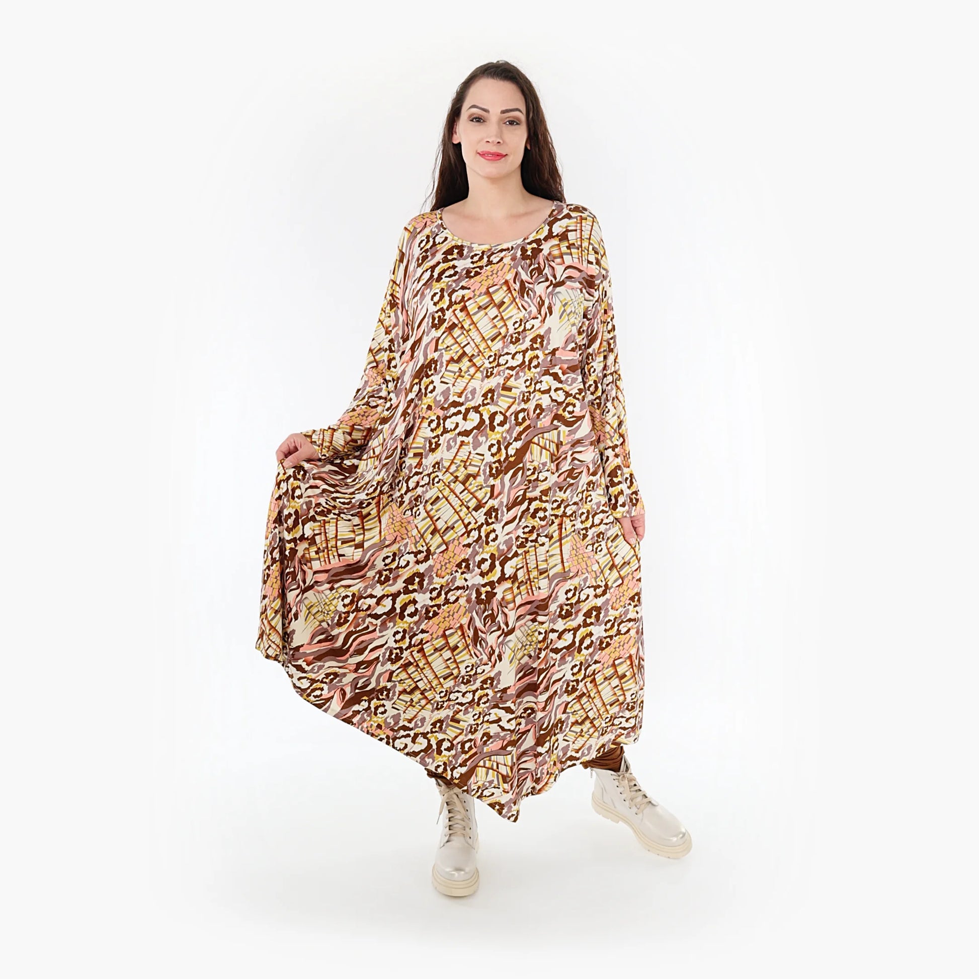 Ballonkleid von AKH Fashion aus Viskose, 1355.01927, Cognac-Rose-Weiß, Muster, Schick
