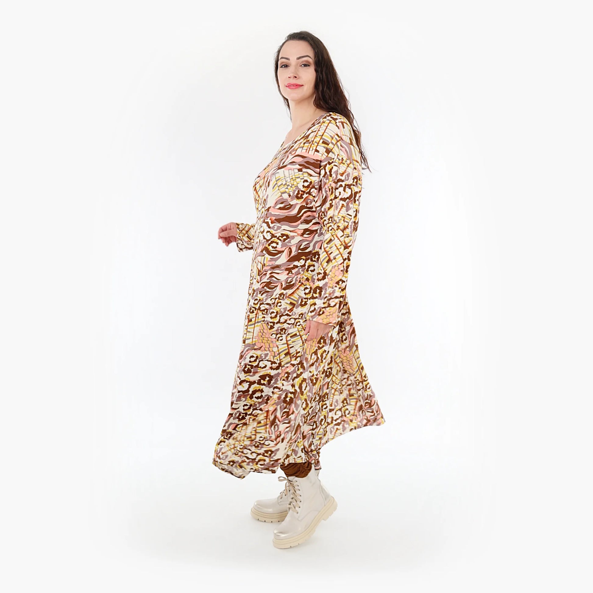 Ballonkleid von AKH Fashion aus Viskose, 1355.01927, Cognac-Rose-Weiß, Muster, Schick
