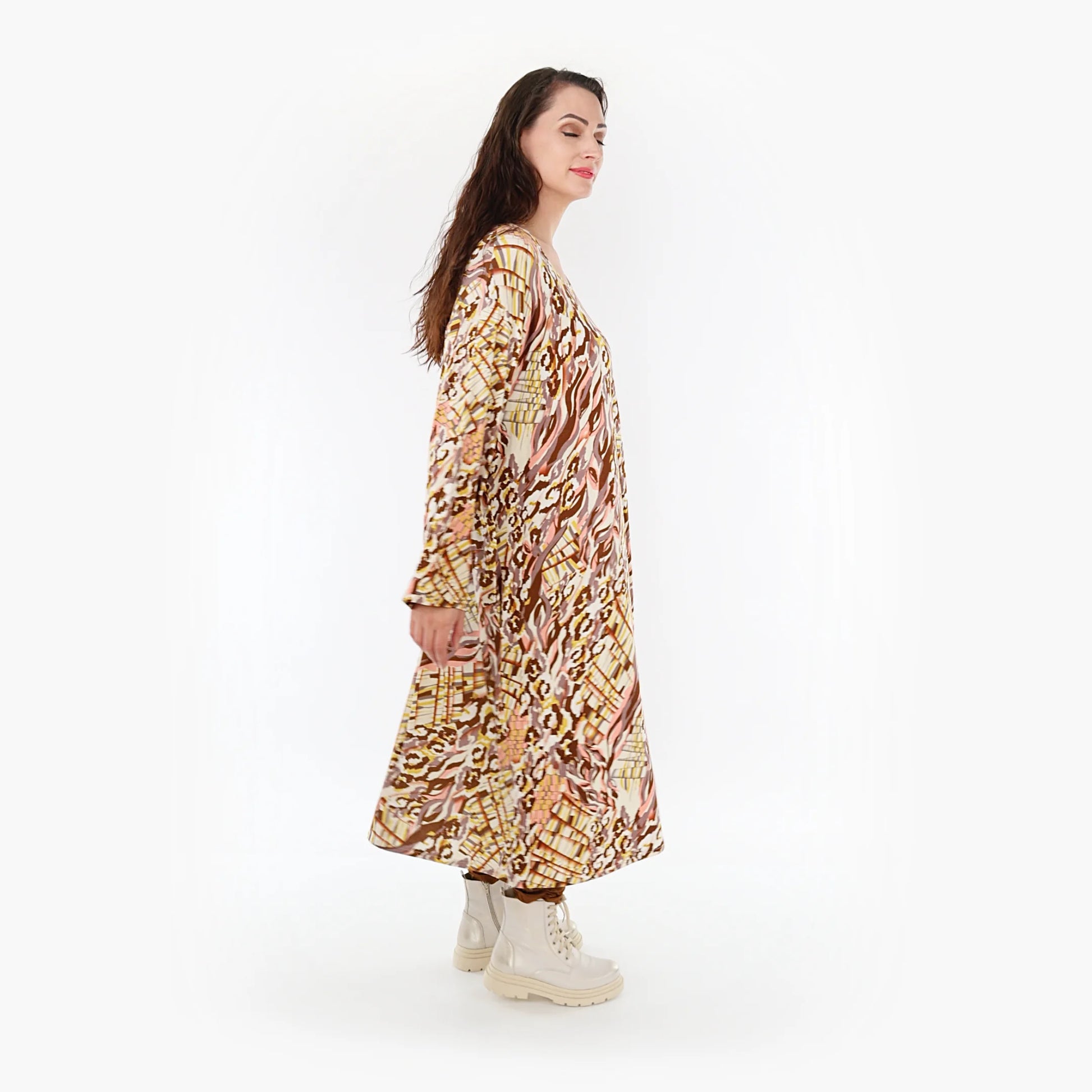 Ballonkleid von AKH Fashion aus Viskose, 1355.01927, Cognac-Rose-Weiß, Muster, Schick