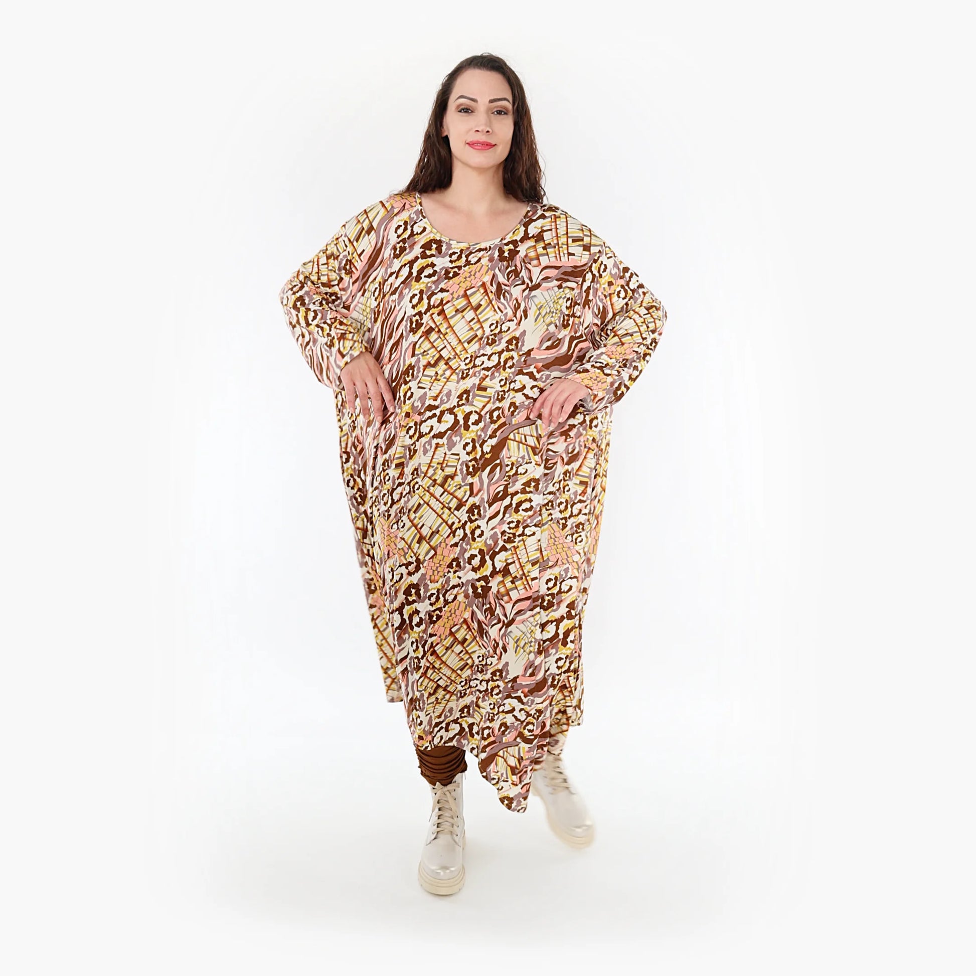 Ballonkleid von AKH Fashion aus Viskose, 1355.01927, Cognac-Rose-Weiß, Muster, Schick
