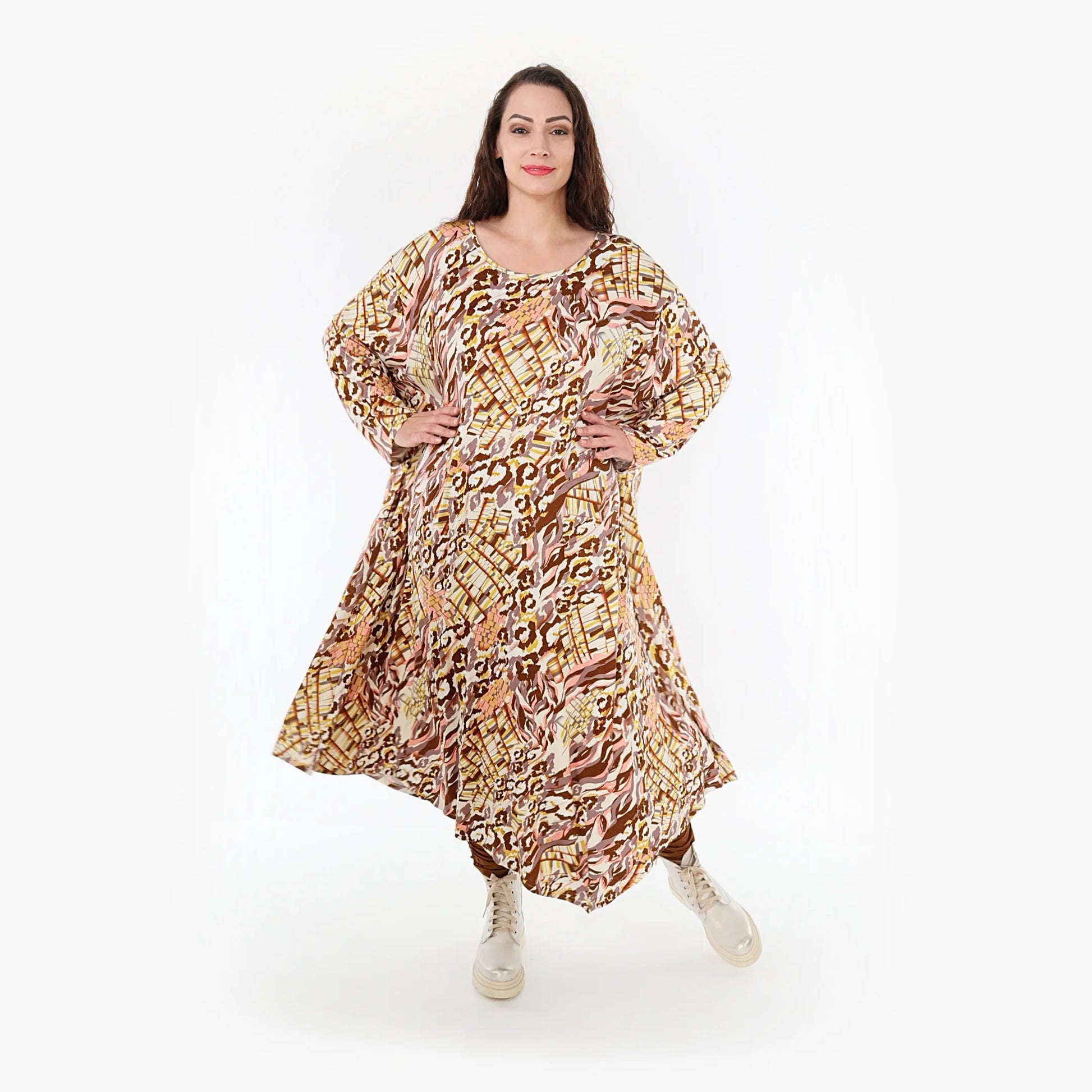 Ballonkleid von AKH Fashion aus Viskose, 1355.01927, Cognac-Rose-Weiß, Muster, Schick