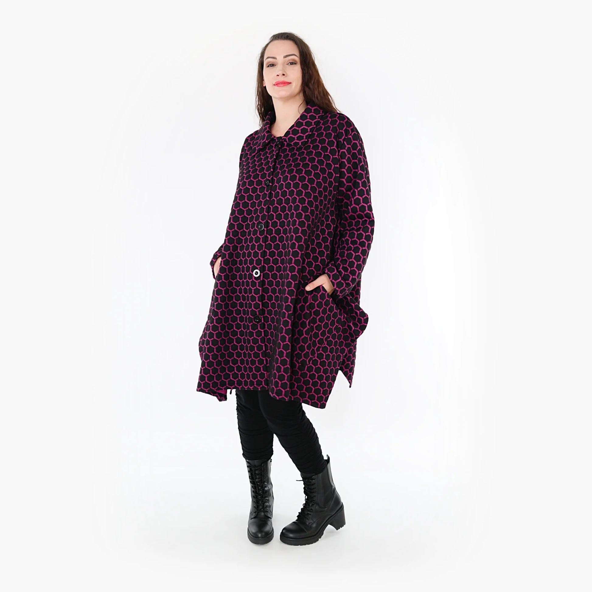 Ballonjacke von AKH Fashion aus Materialmix, 1365.06864, Schwarz-Fuchsia, Raute, Schick