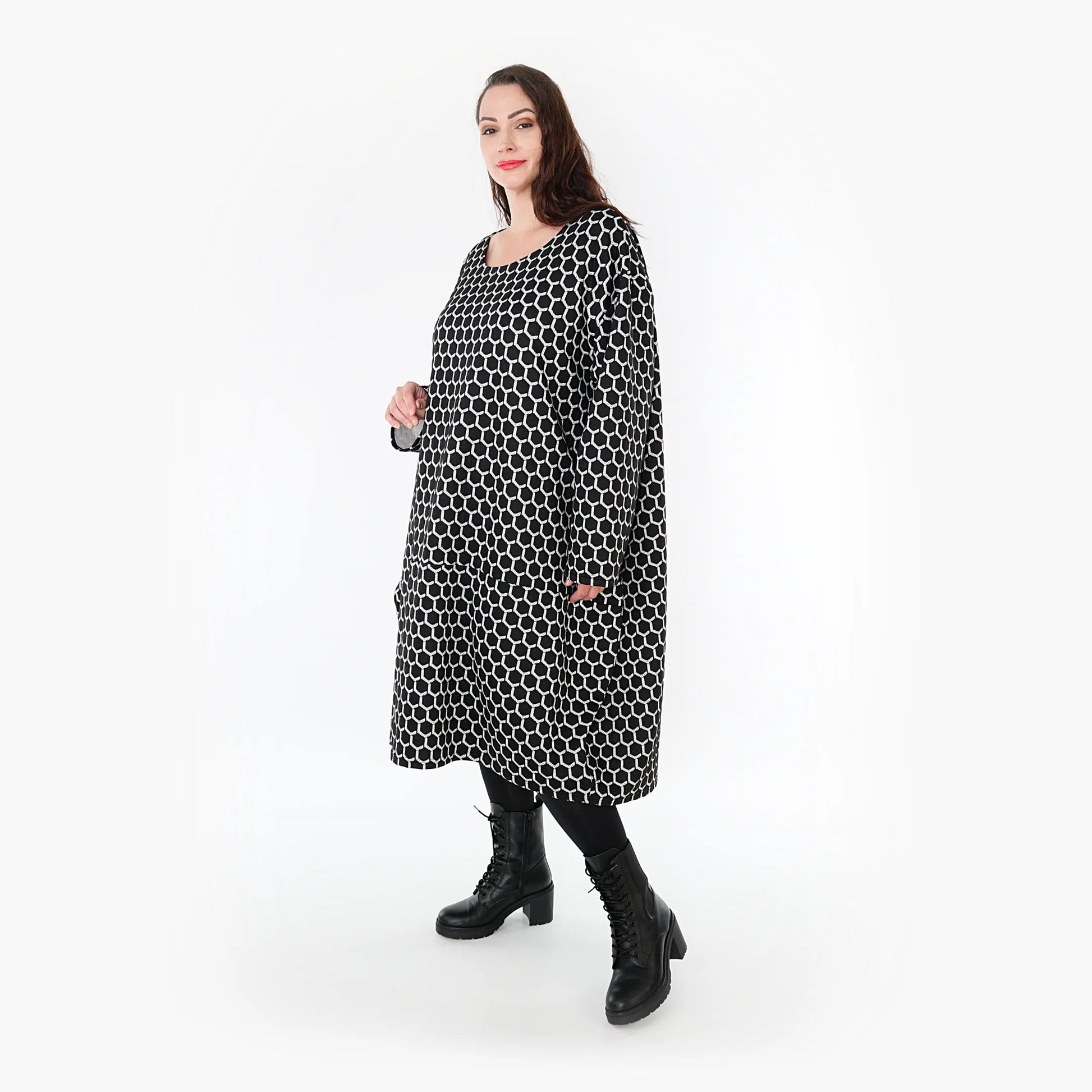 Ballonkleid von AKH Fashion aus Materialmix, 1365.06859, Schwarz-Weiß, Raute, Schick