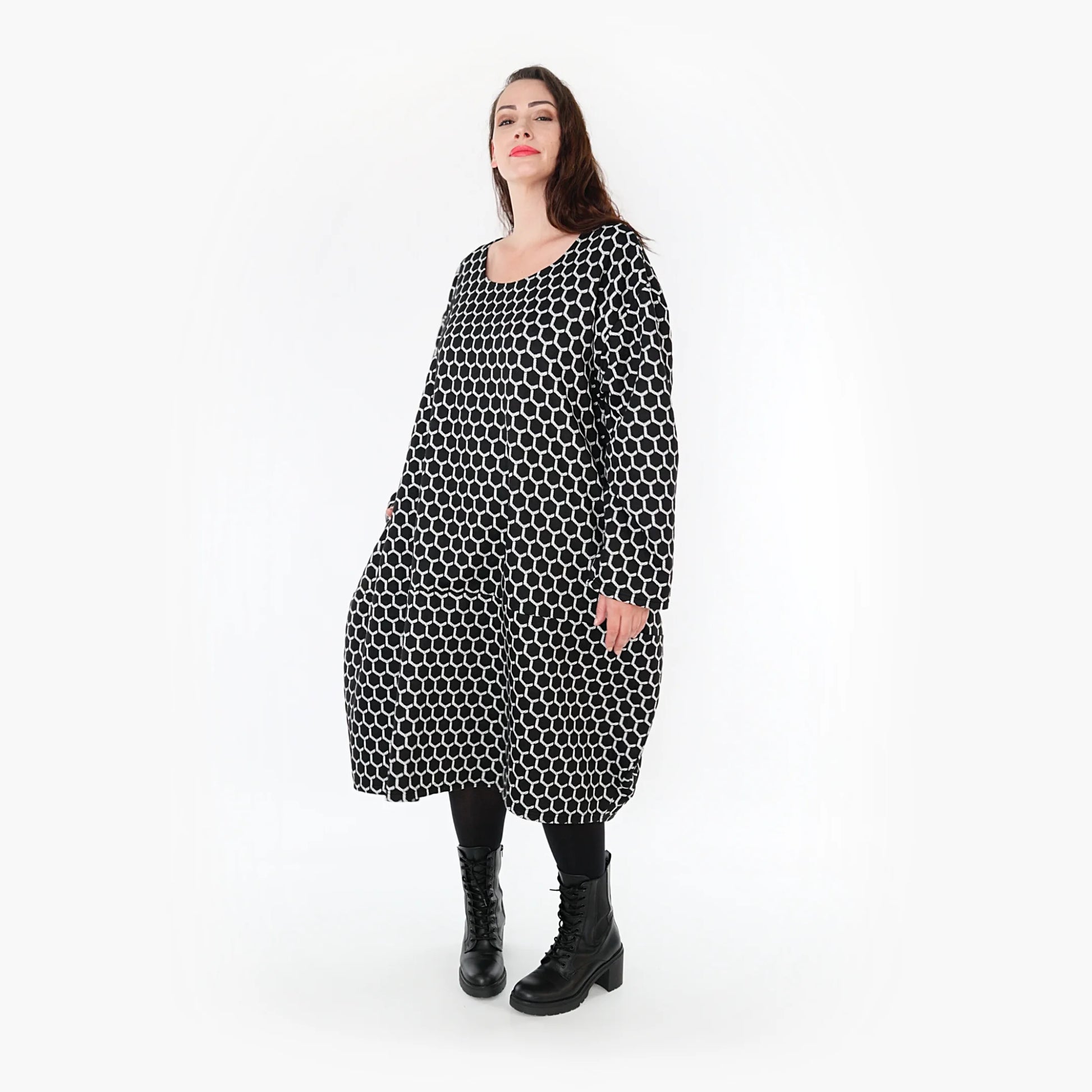 Ballonkleid von AKH Fashion aus Materialmix, 1365.06859, Schwarz-Weiß, Raute, Schick