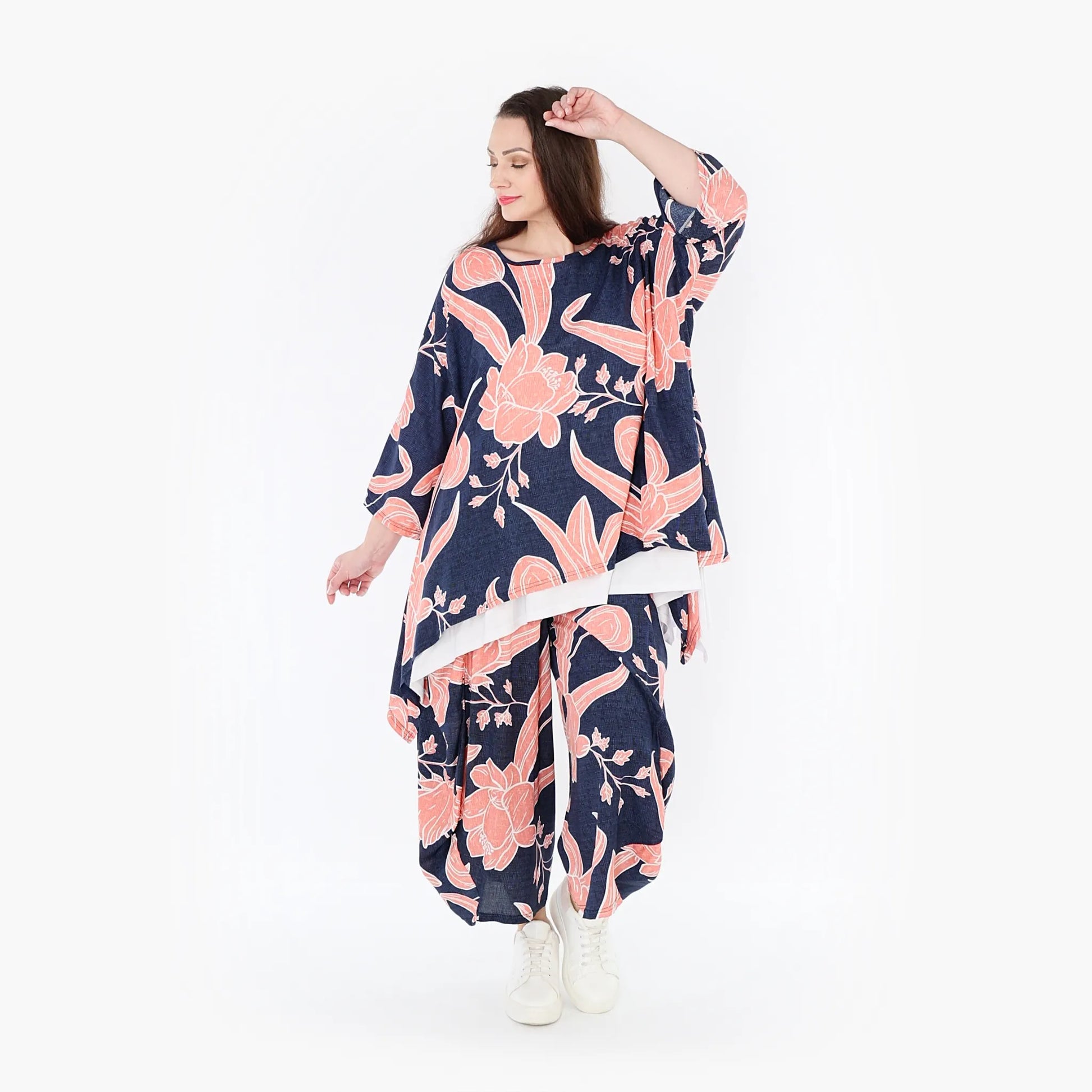 Ballonhose von AKH Fashion aus Viskose, 1421.08069, Navy/Koralle, Blumen, Schick, Modern