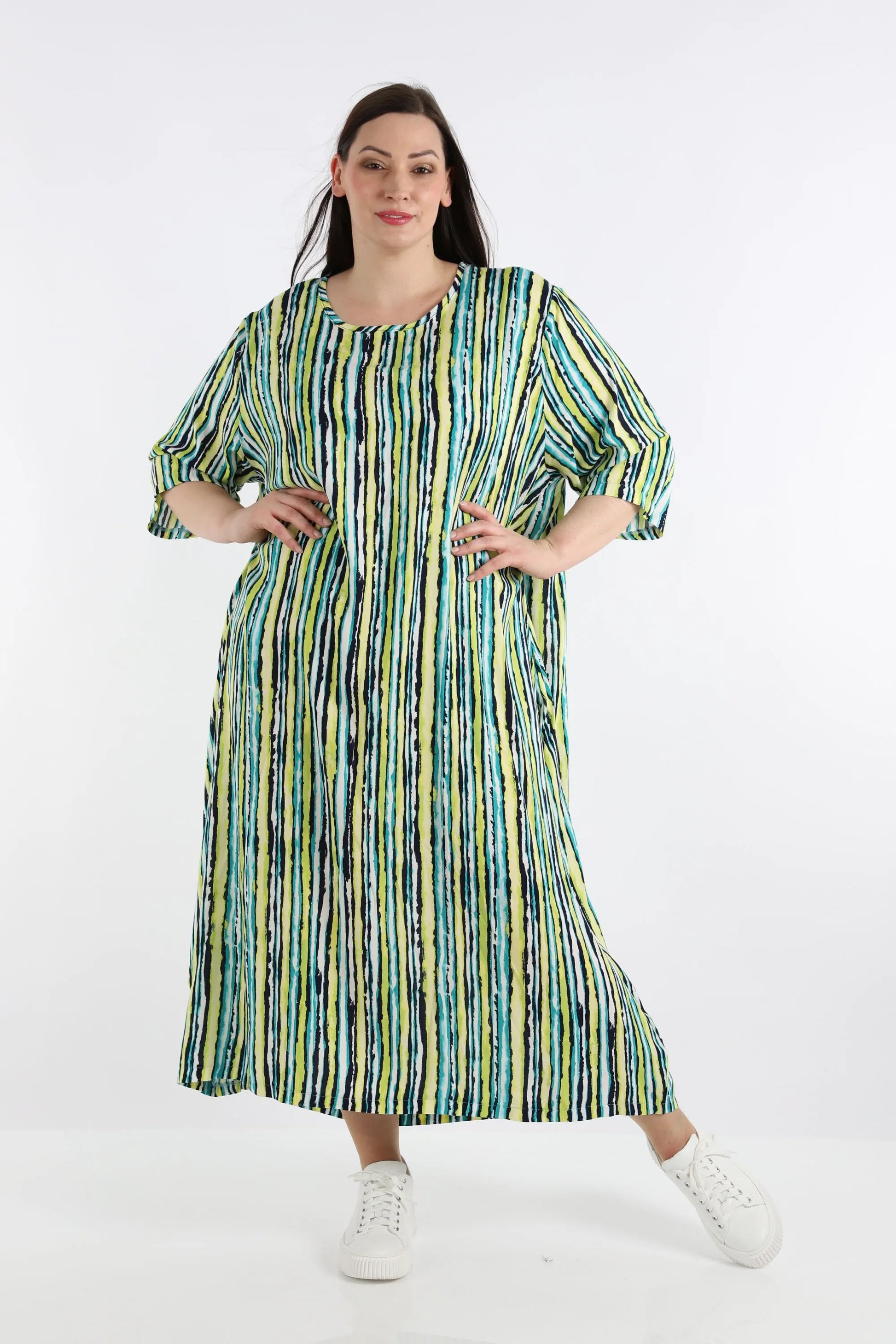 Ballonkleid von AKH Fashion aus Viskose, 1281.01926, Grün-Blau-Weiß, Streifen, Schick