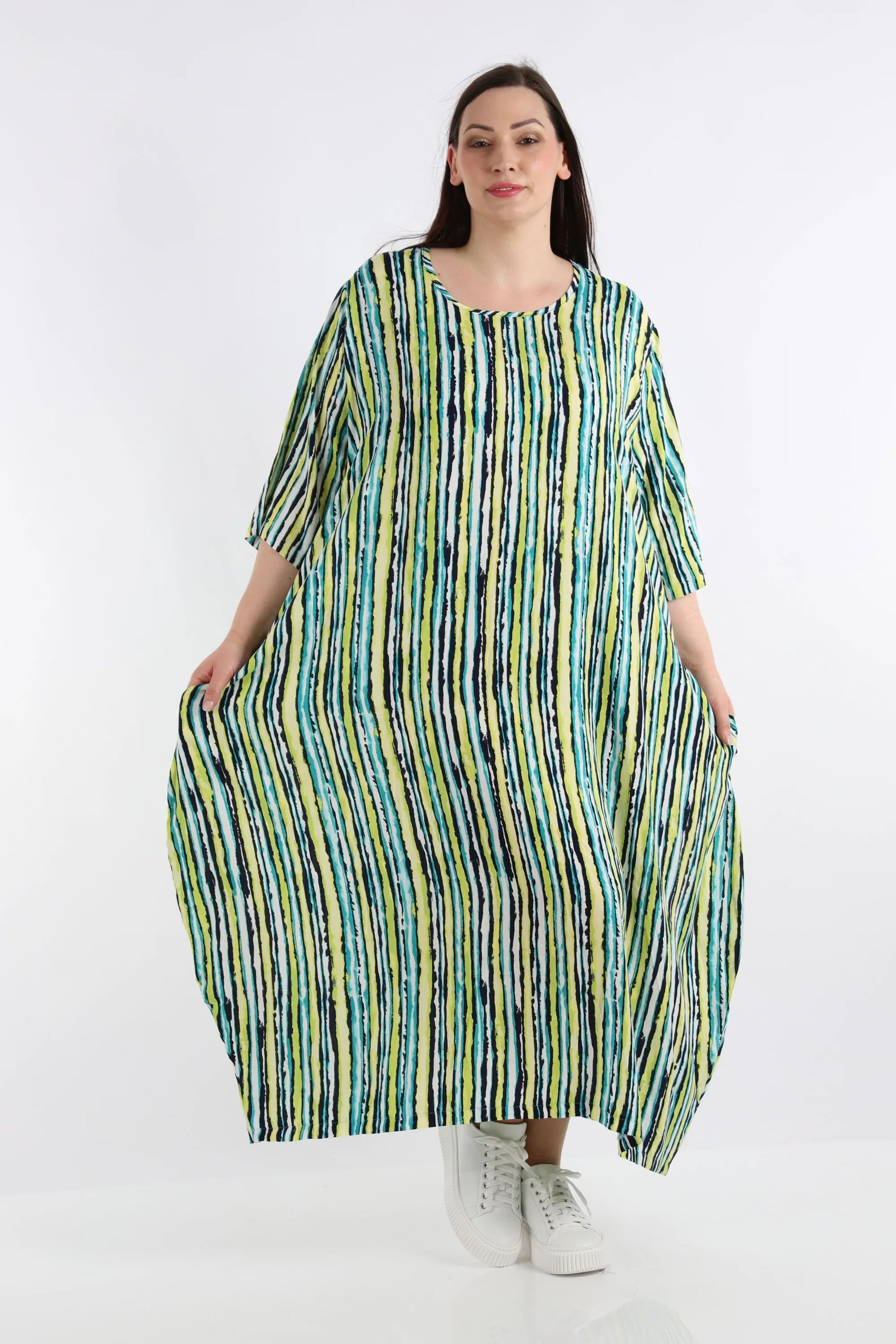 Ballonkleid von AKH Fashion aus Viskose, 1281.01926, Grün-Blau-Weiß, Streifen, Schick