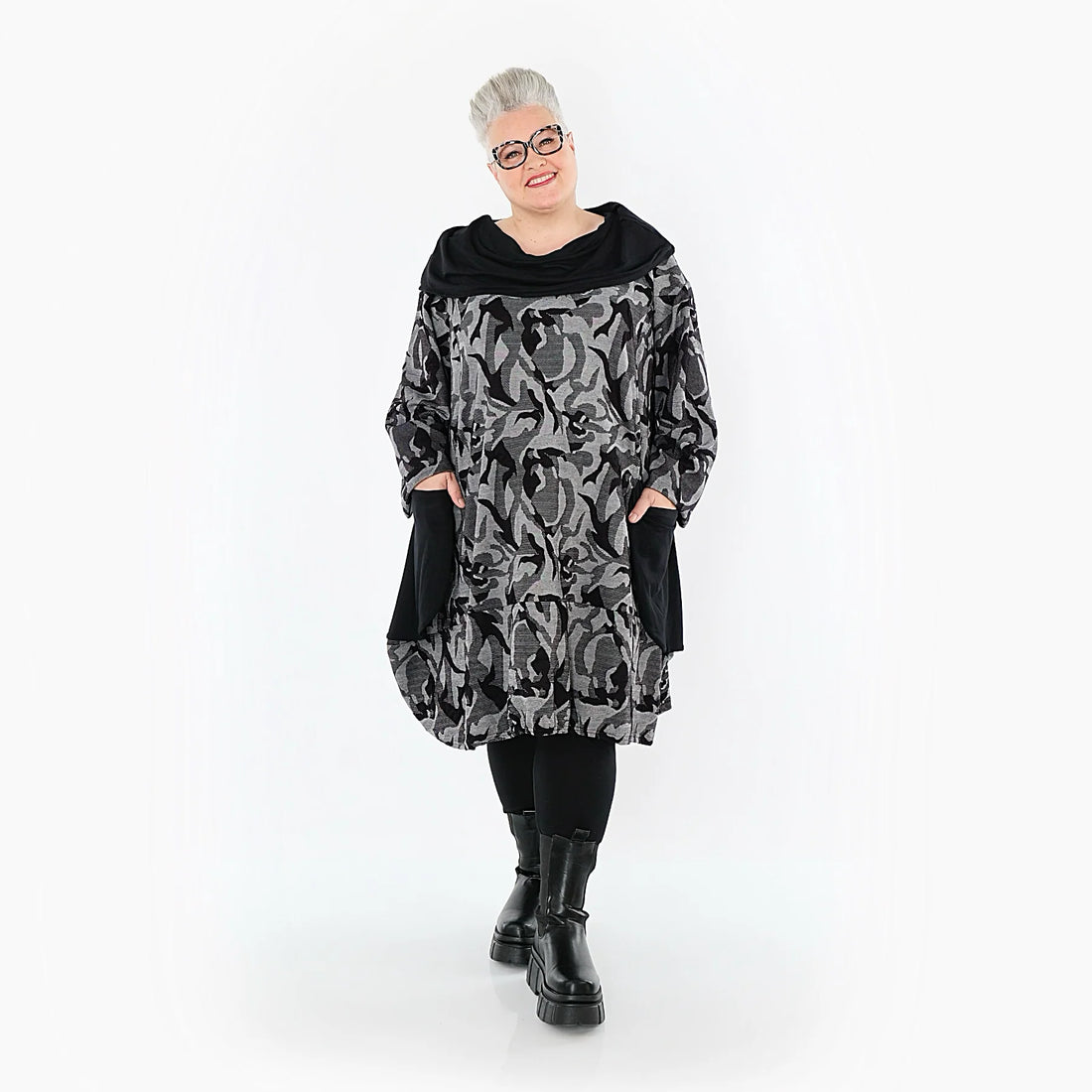 Ballonkleid von AKH Premium aus Viskose, P1012.7139, Grau/Schwarz, Wellen, Ausgefallen