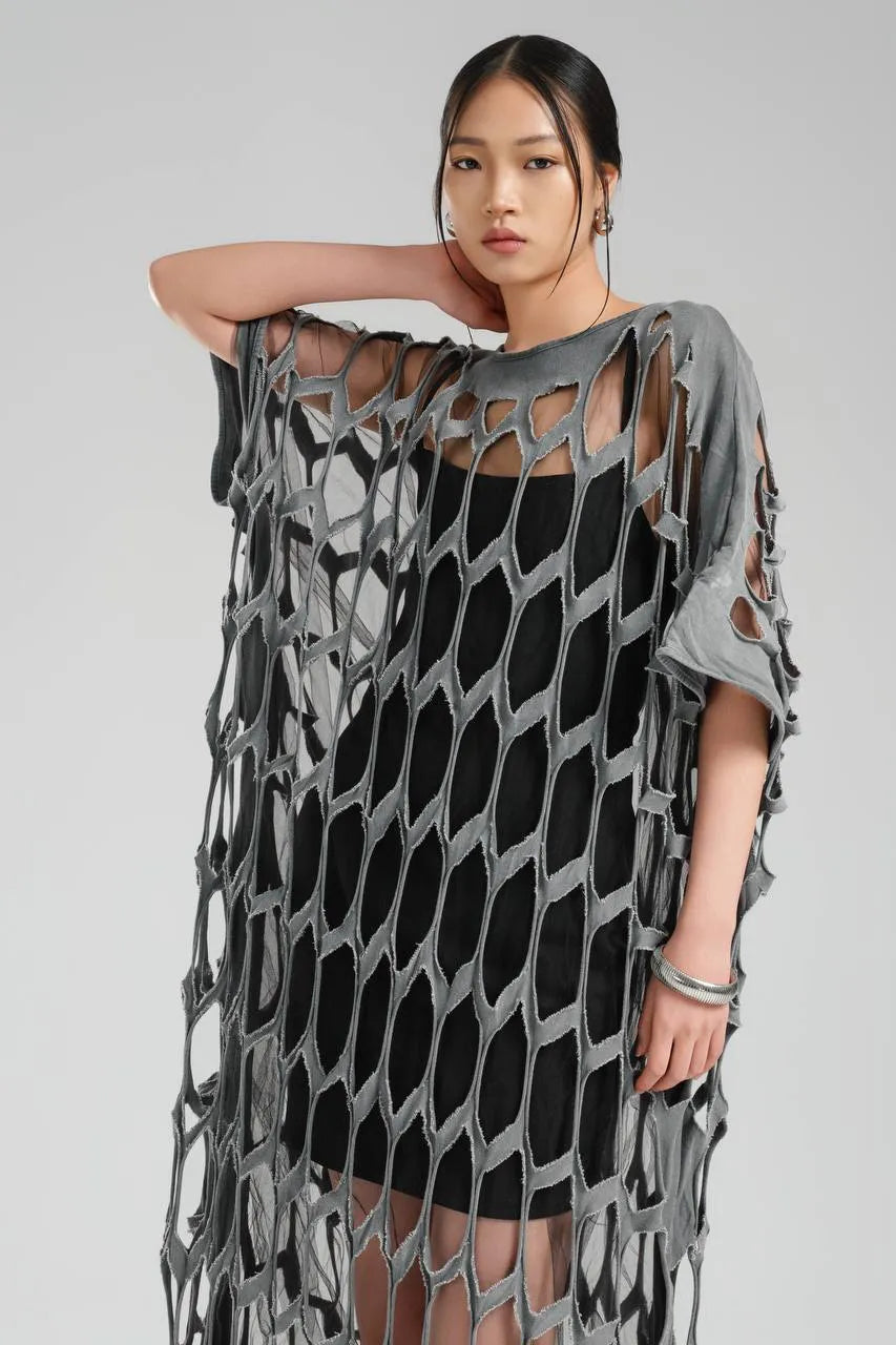 TW3 Kleid in gerader Form, aus Baumwolle, 1539, Grau, Ausgefallen, Zeitlos, Schick