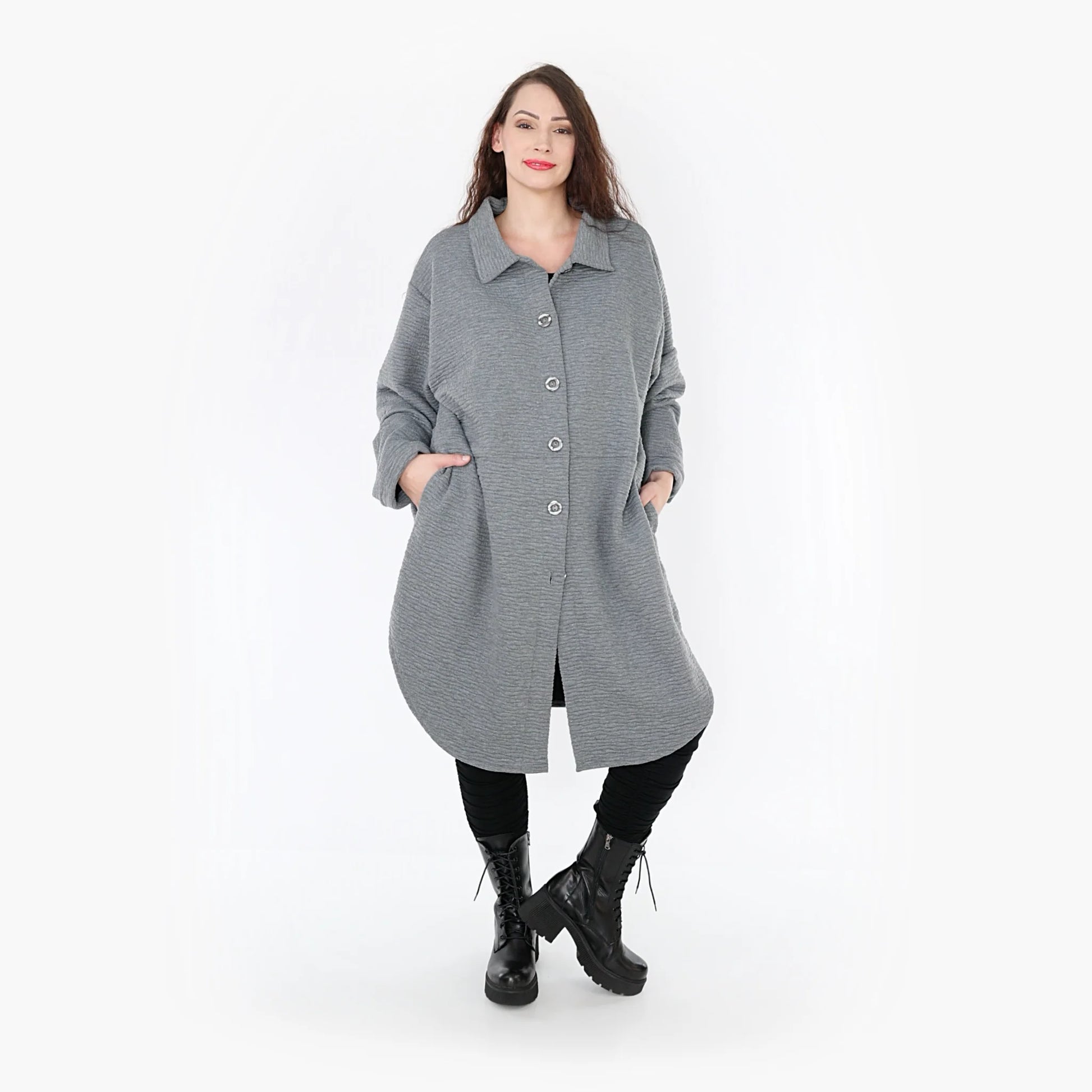AKH Fashion Bluse in gerundeter Form, aus Materialmix, 1347.06881, Grau, Wellen, Schick