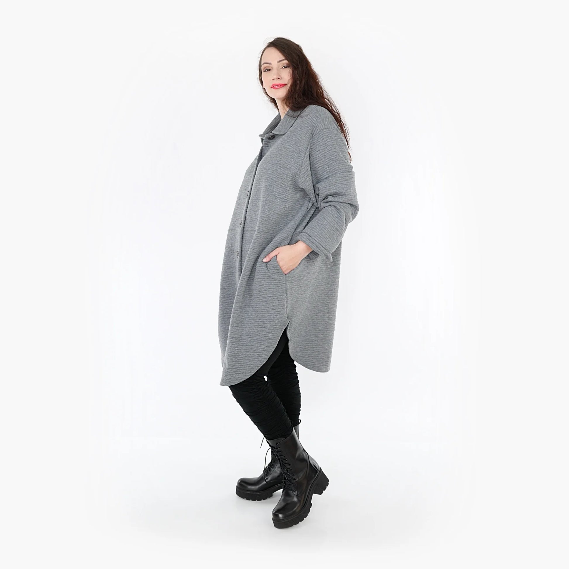 AKH Fashion Bluse in gerundeter Form, aus Materialmix, 1347.06881, Grau, Wellen, Schick
