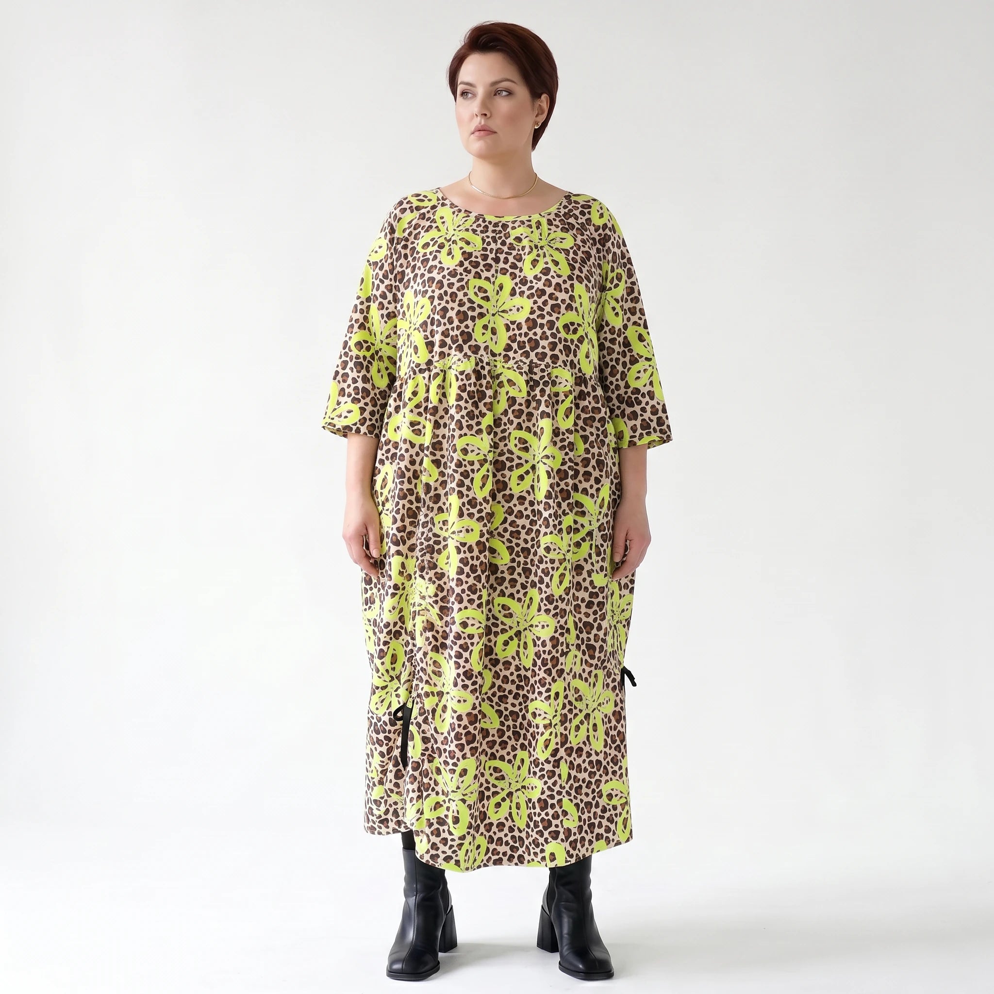 Ballonkleid von AKH Fashion aus Baumwolle, 1514.07122, Beige/Braun/Neongrün, Leopard