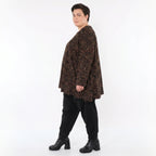 Jacquard Bigshirt in Schwarzcognac mit orangenen Kringeln A-Form V-Ausschnitt Nahttaschen
