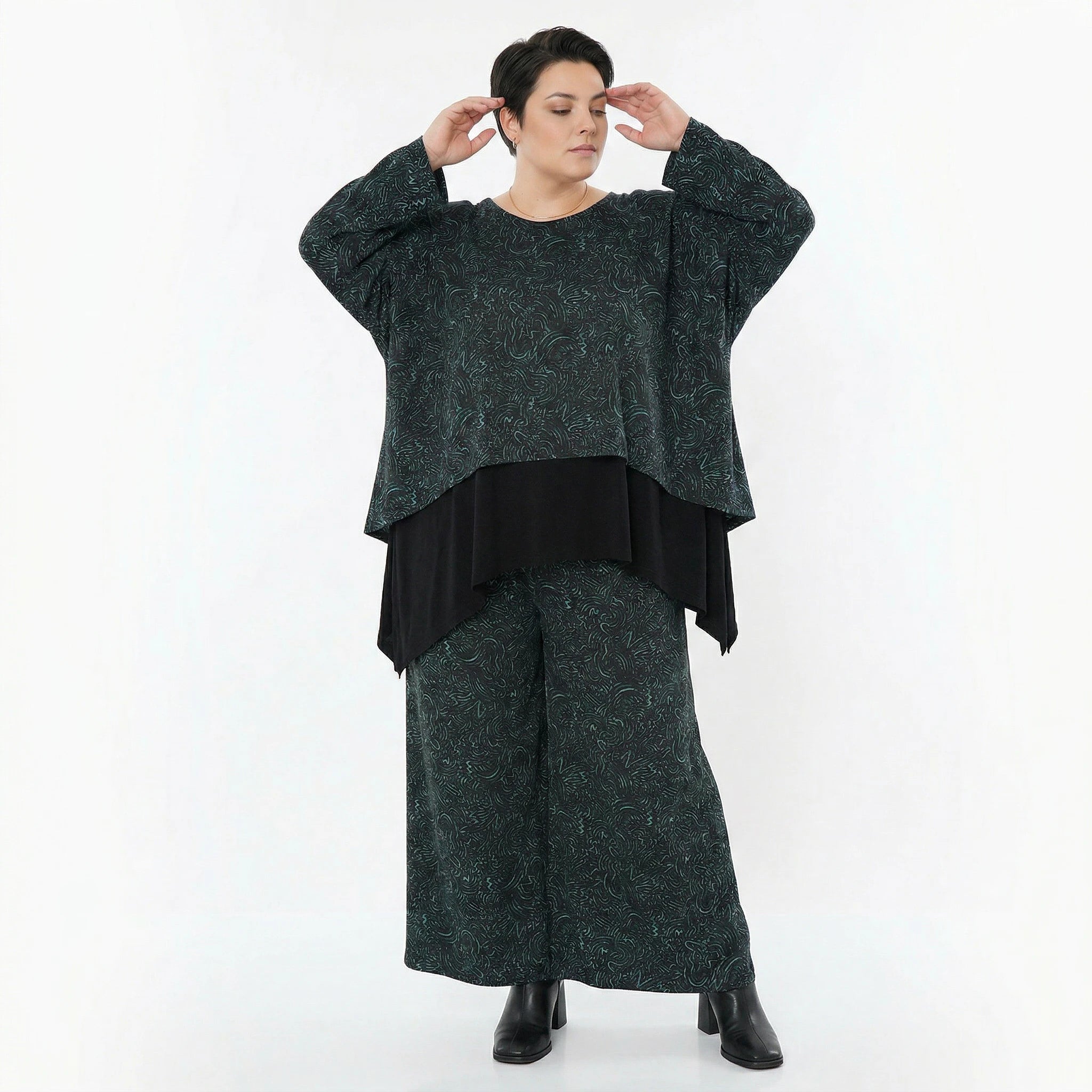 Marlene Hose von AKH Fashion aus Materialmix, 1516.02063, Schwarz/Petrol/Grün, Kringel