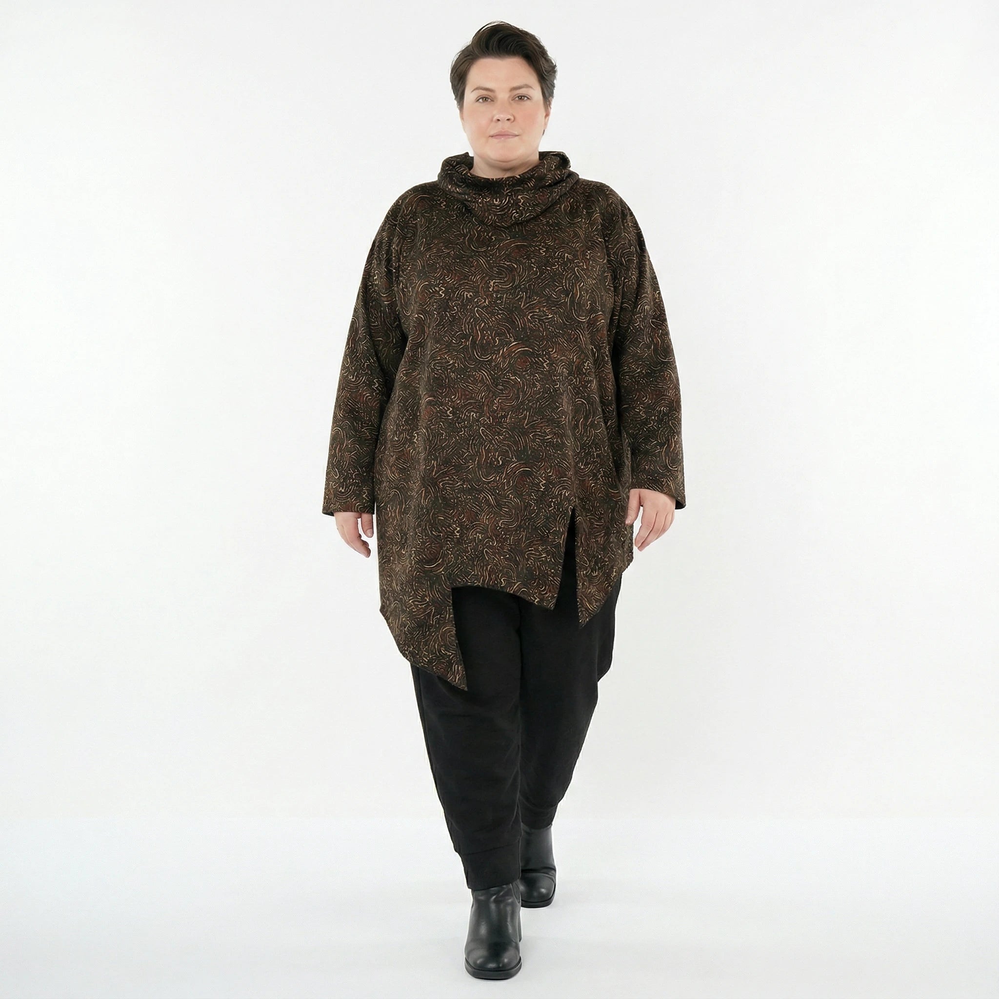 AKH Fashion Bigshirt in asymmetrischer Form, aus Materialmix, 1516.06061, Cognac