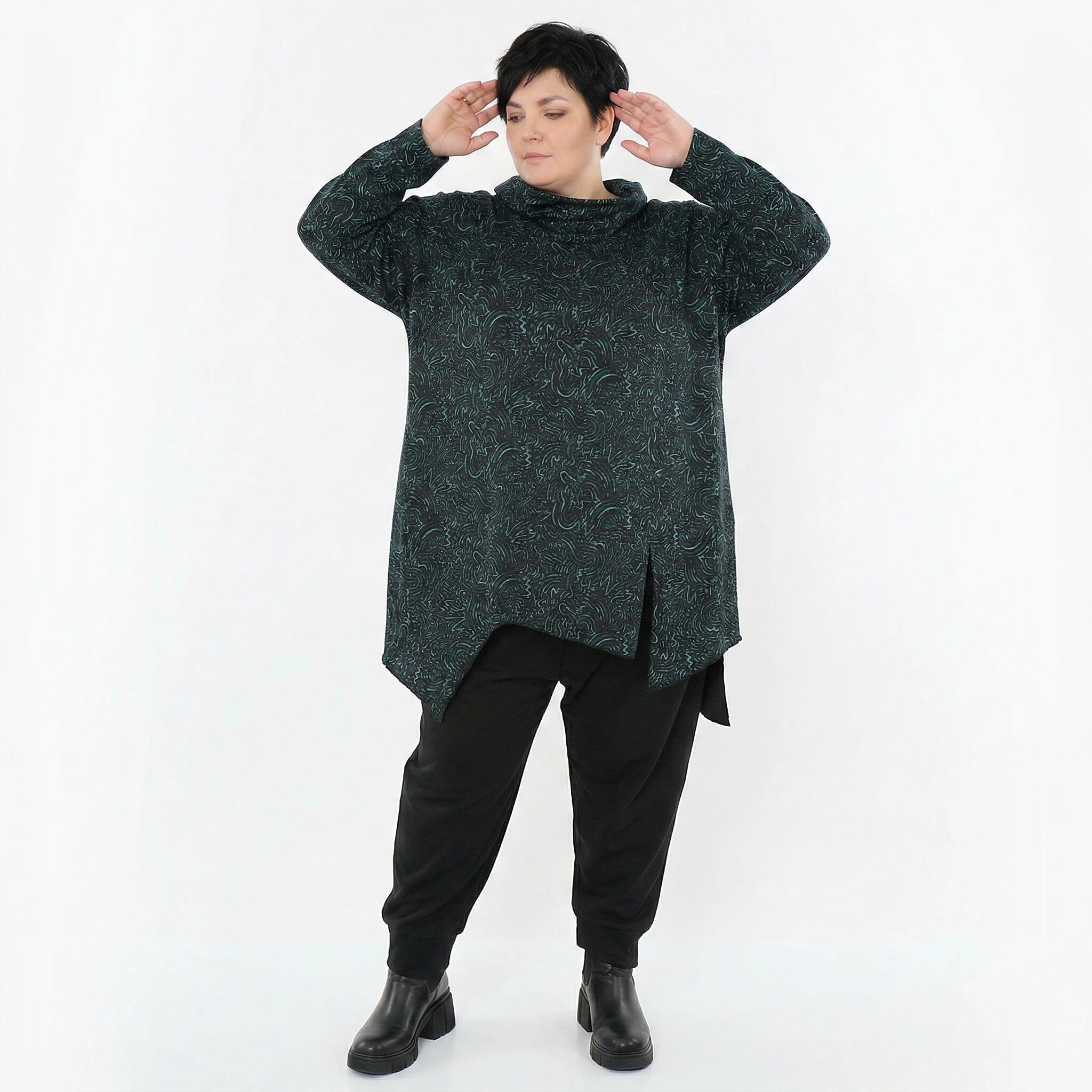AKH Fashion Bigshirt in asymmetrischer Form, aus Materialmix, 1516.06061, Petrol