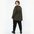 Jacquard Langarmshirt in Schwarz Neongrün und Cognac mit Kringelmuster und Kellerfalten