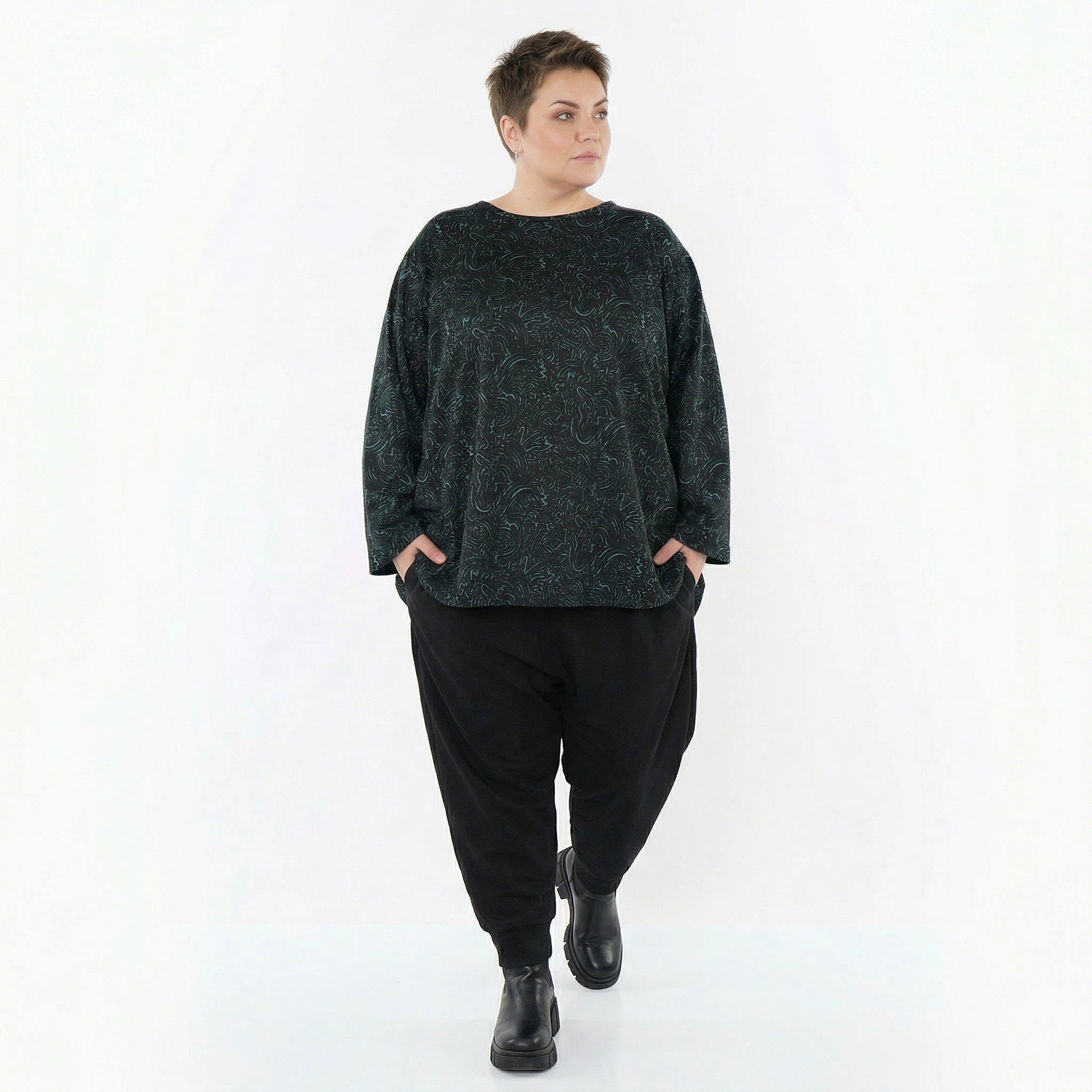AKH Fashion Bigshirt in gerundeter Form, aus Materialmix, 1516.06815, Petrol