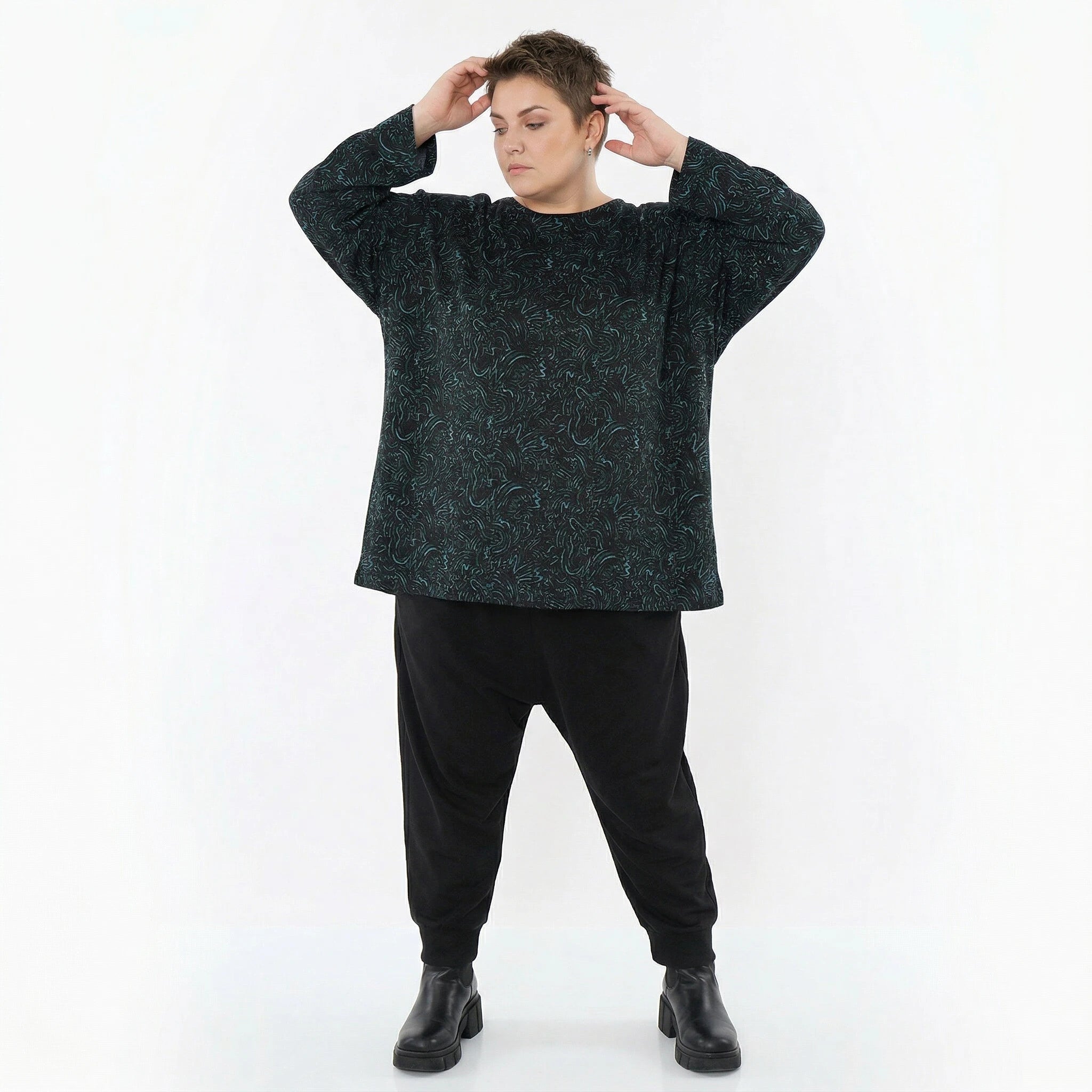 AKH Fashion Bigshirt in gerundeter Form, aus Materialmix, 1516.06815, Petrol