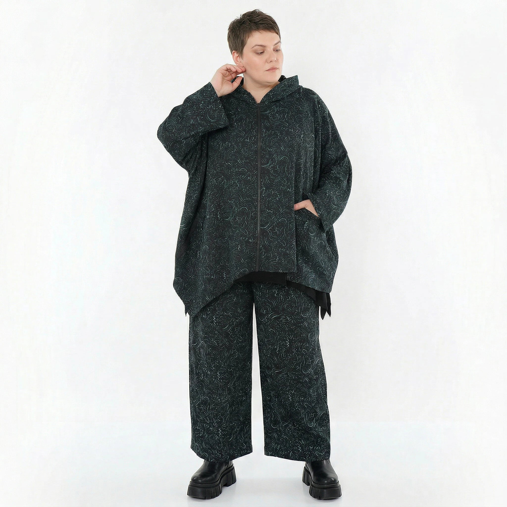AKH Fashion Jacke in kastiger Form, aus Materialmix, 1516.07076, Petrol