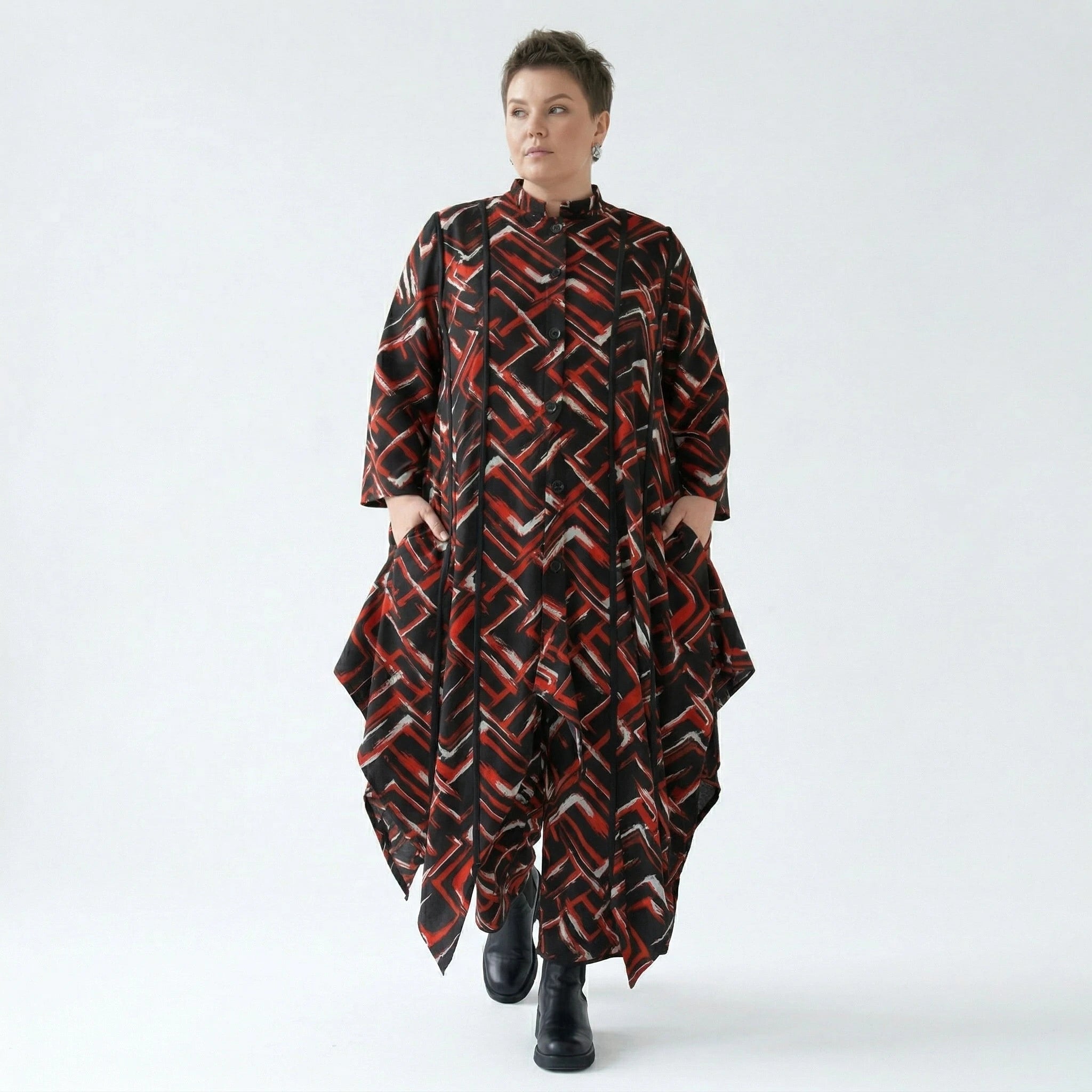 Zipfel Bluse von AKH Fashion aus Viskose, 1517.07129, Schwarz/Rot/Weiß, Pinselstrich