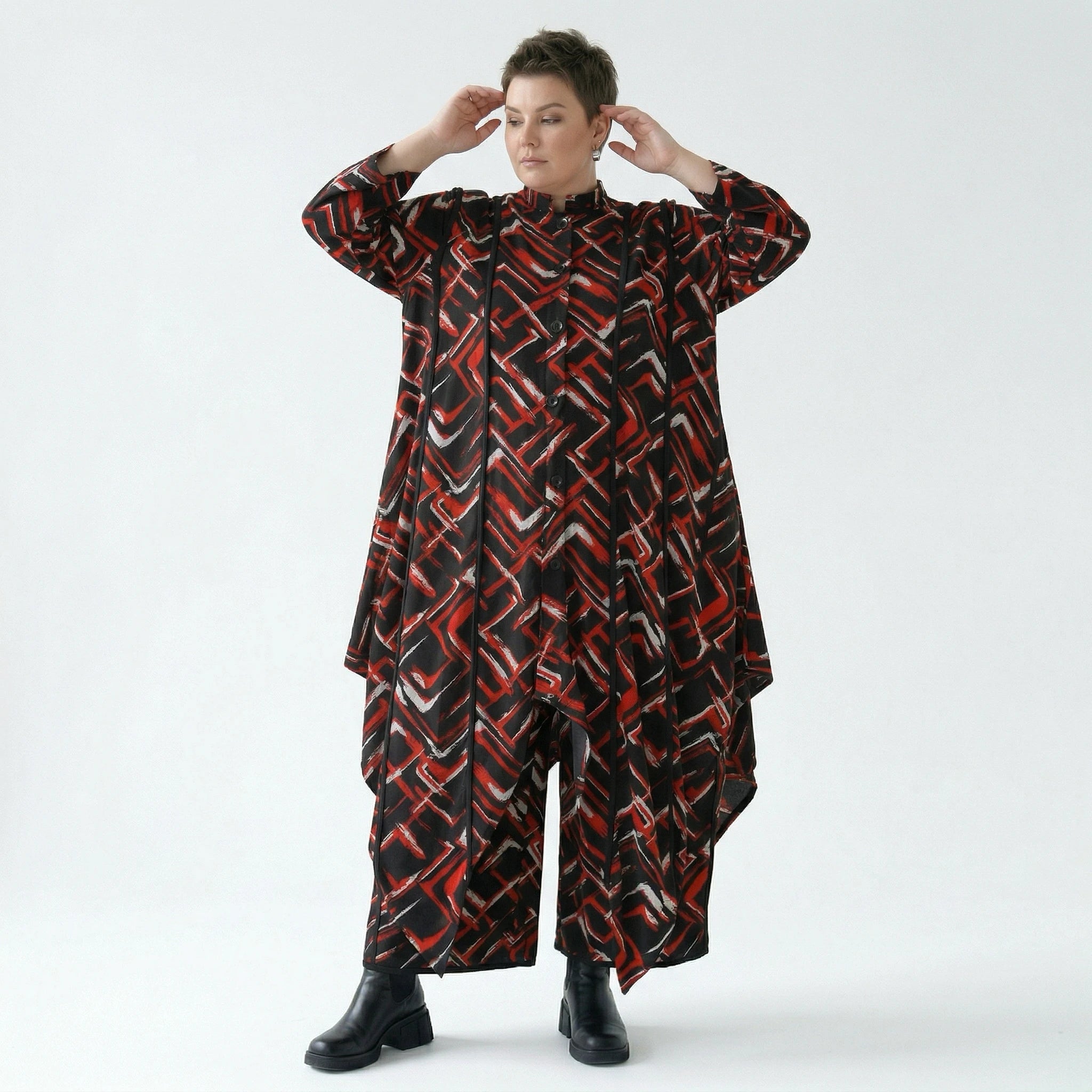Zipfel Bluse von AKH Fashion aus Viskose, 1517.07129, Schwarz/Rot/Weiß, Pinselstrich