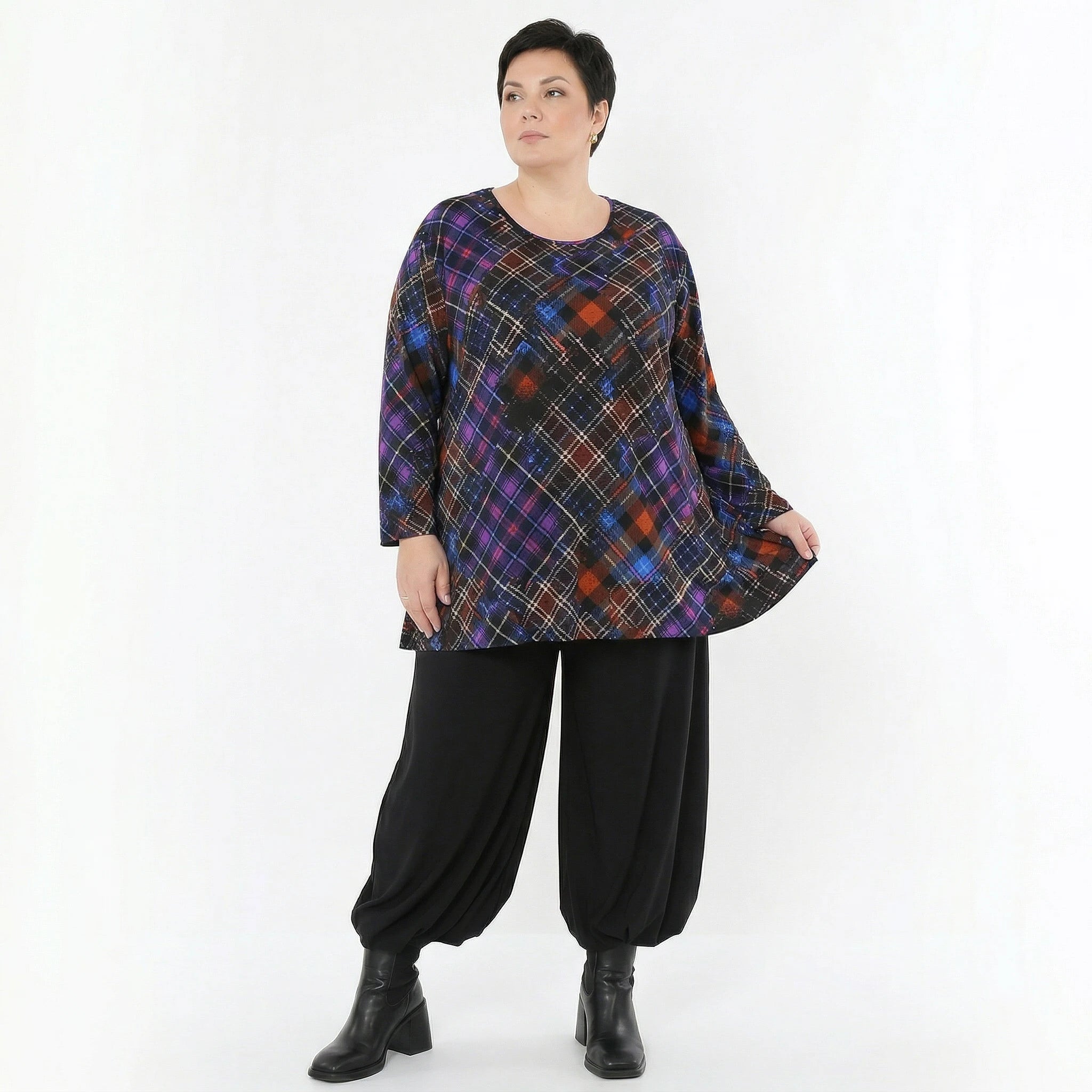 AKH Fashion Bigshirt in Glocken-Form, aus Viskose, 1518.01892, Multicolor/Blau, Kariert, Schick