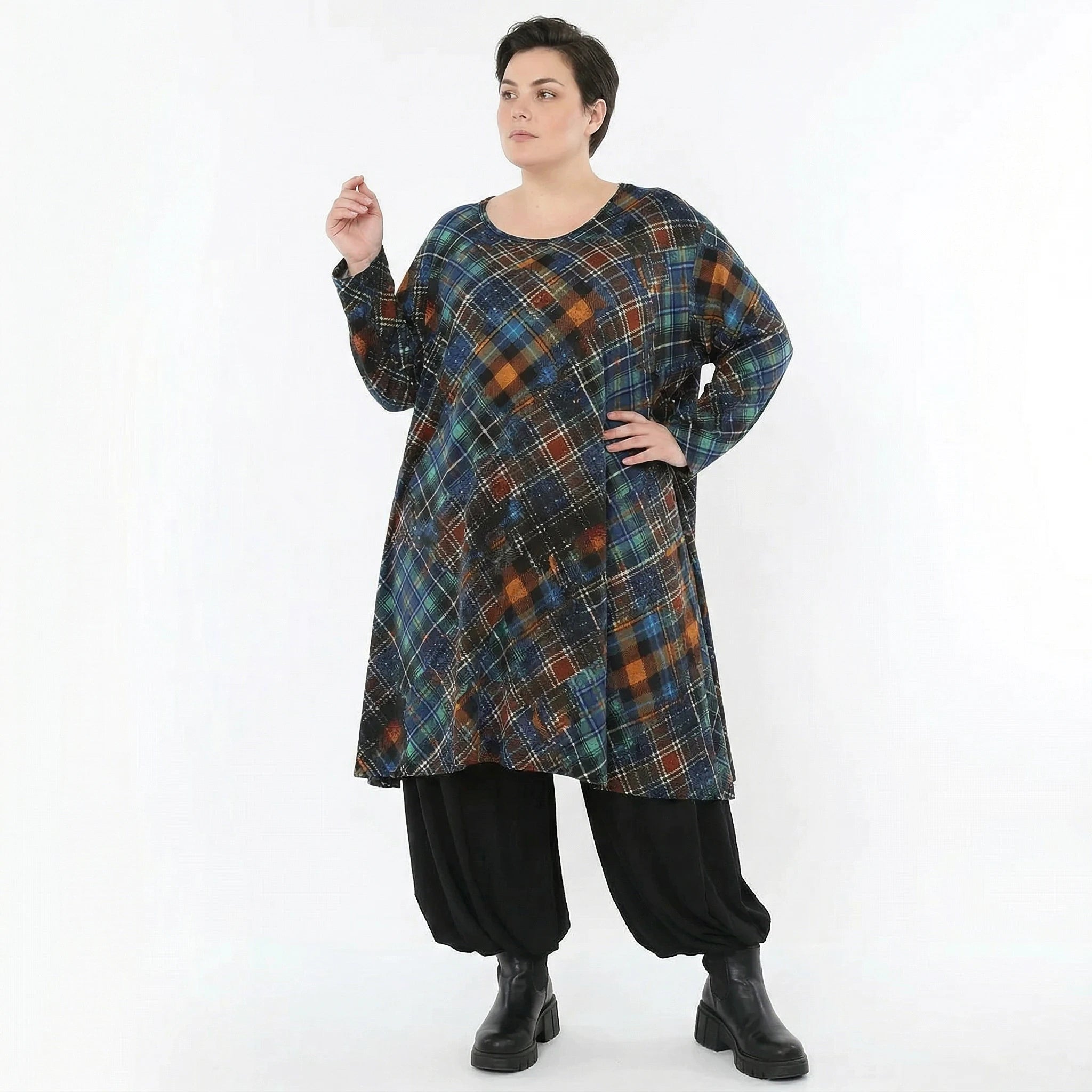 A-Form Bigshirt von AKH Fashion aus Viskose, 1518.02666, Multicolor/Grün, Kariert, Ausgefallen