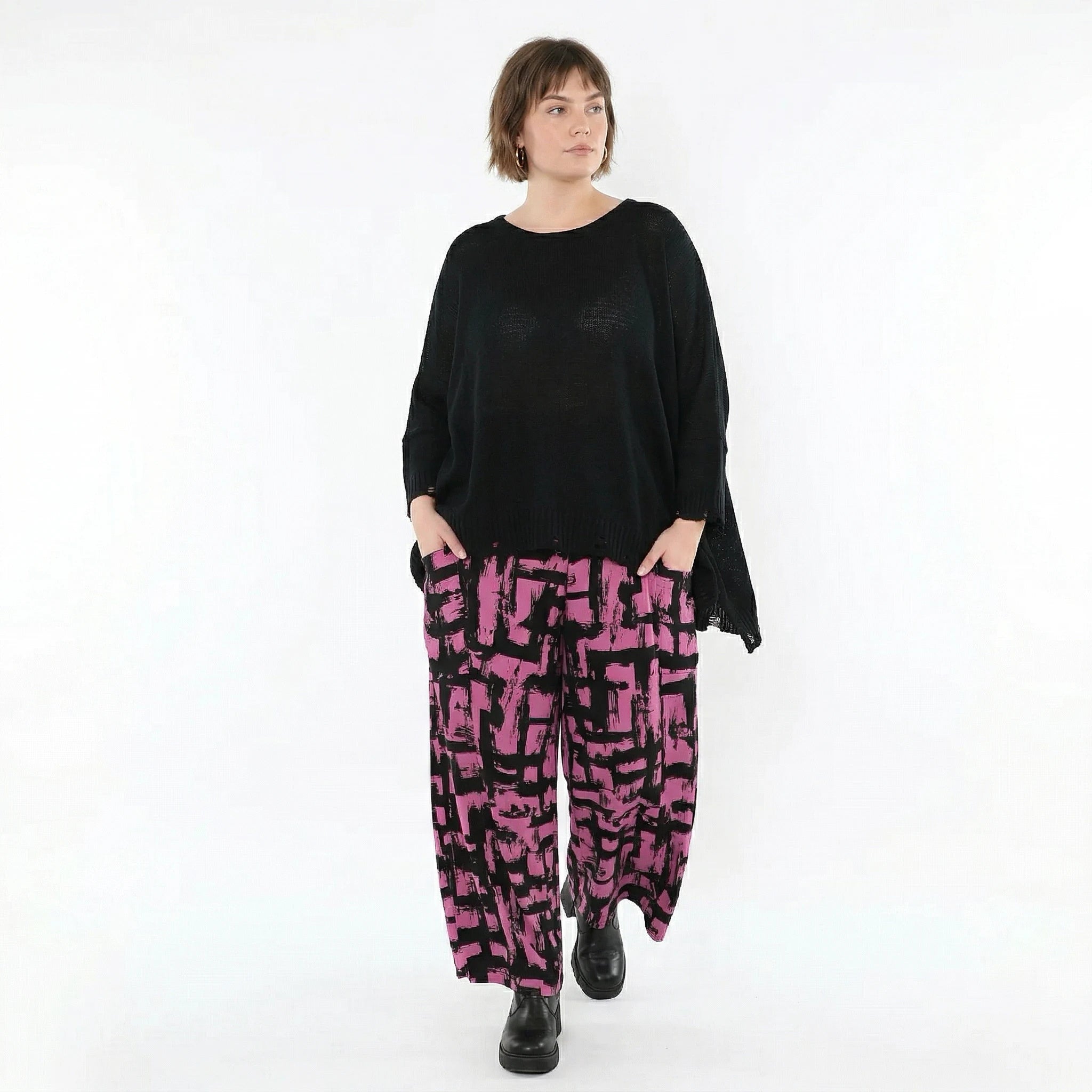 Ballonhose von AKH Fashion aus Viskose, 1519.07007, Fuchsia/Schwarz, Pinselstrich, Schick