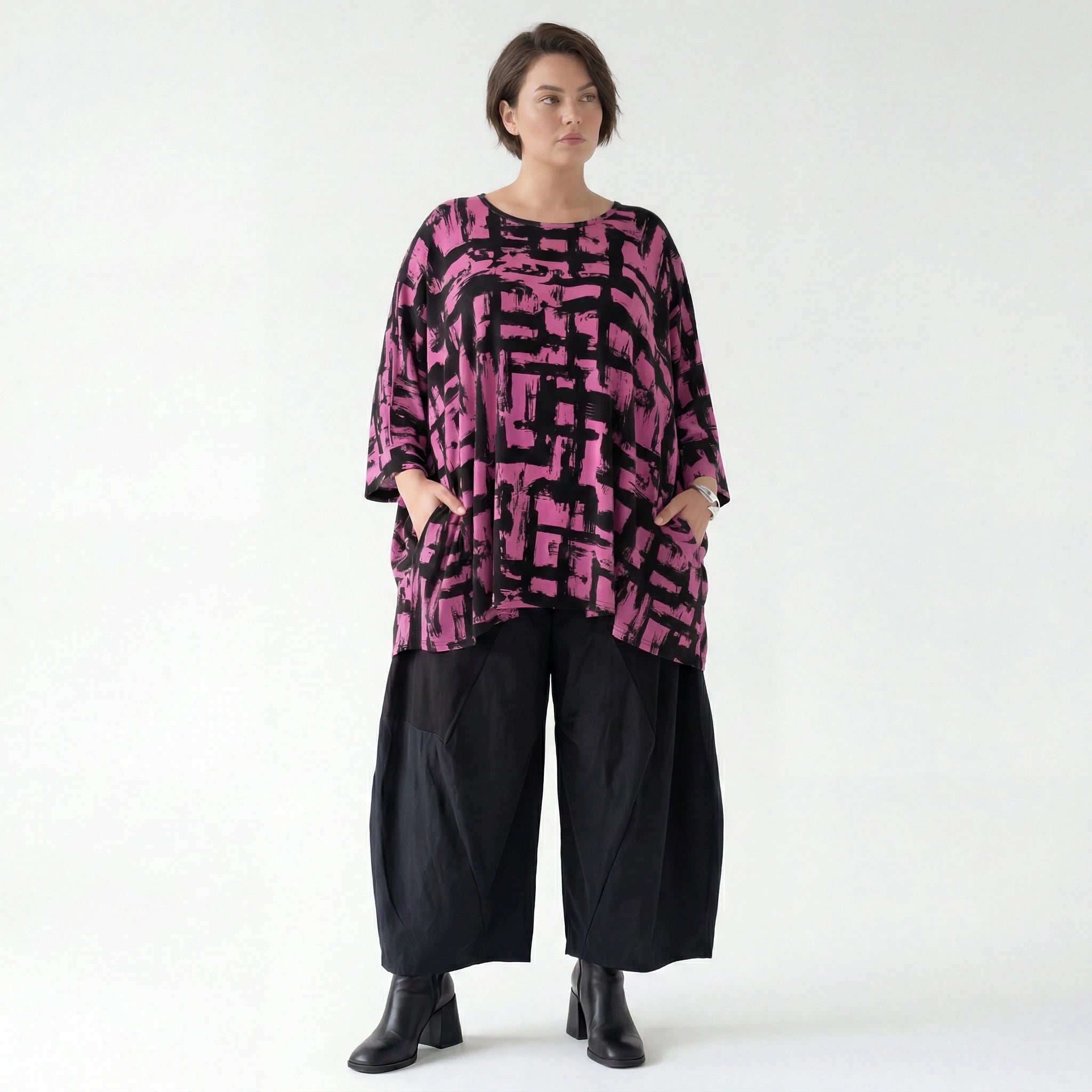 A-Form Bigshirt von AKH Fashion aus Viskose, 1519.07116, Fuchsia/Schwarz, Pinselstrich