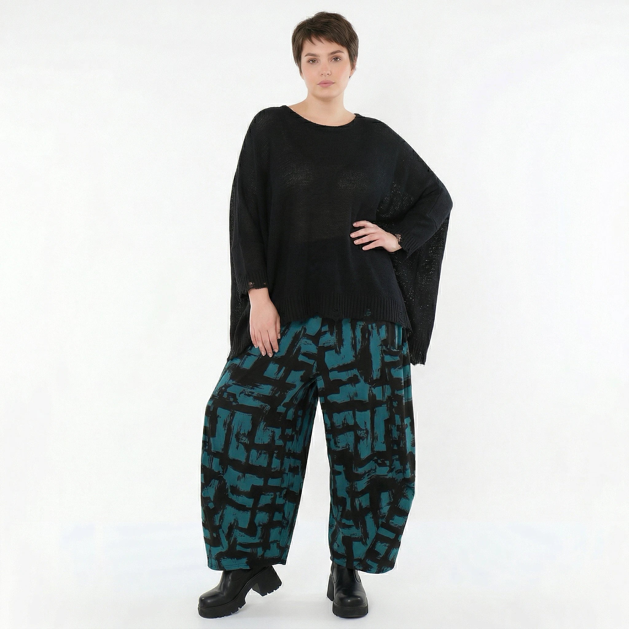 Ballonhose von AKH Fashion aus Viskose, 1519.08069, Petrol/Schwarz, Pinselstrich, Schick