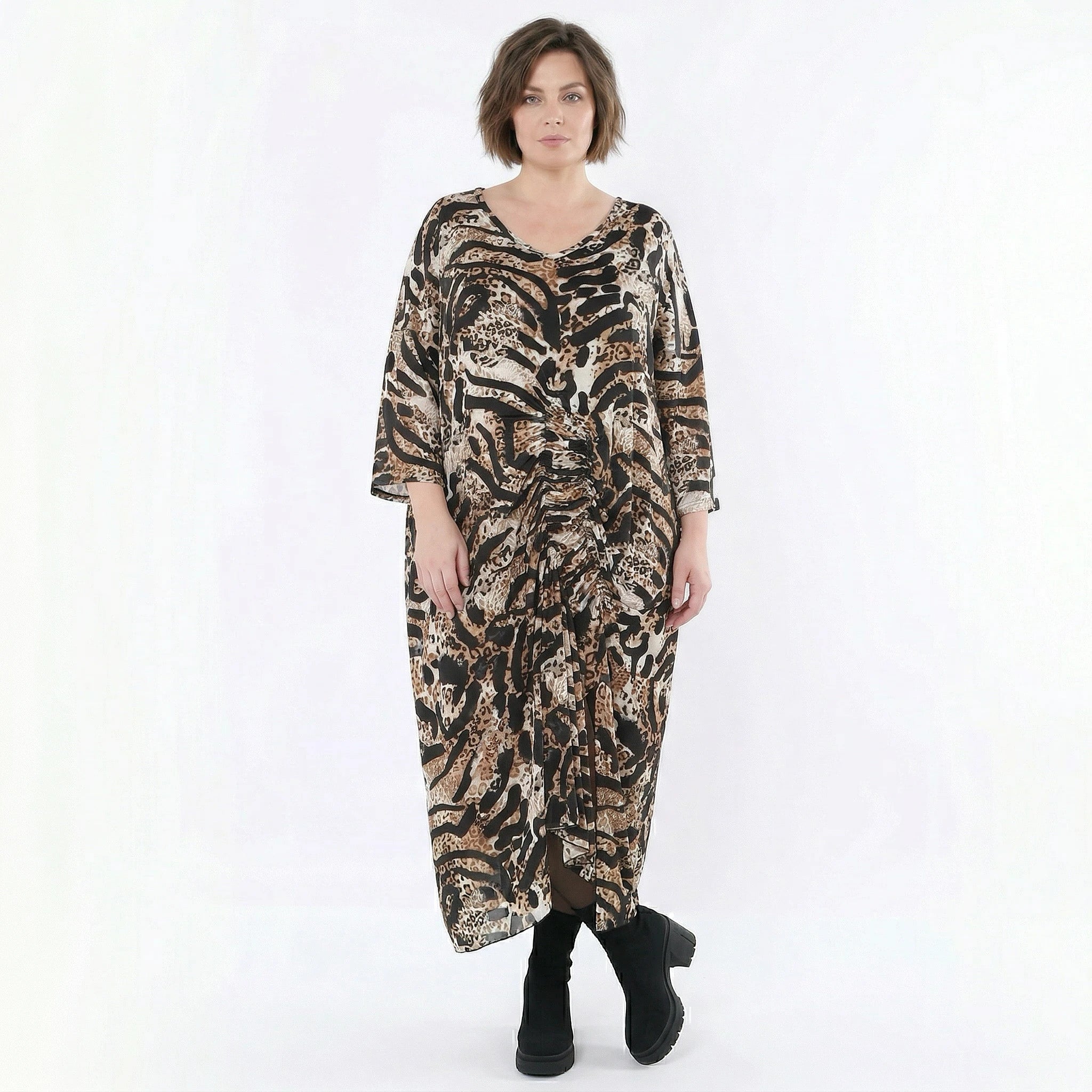 Kleid von AKH Fashion aus Materialmix, 1521.07134, Schwarz/Cognac/Weiß, Leopard, Schick