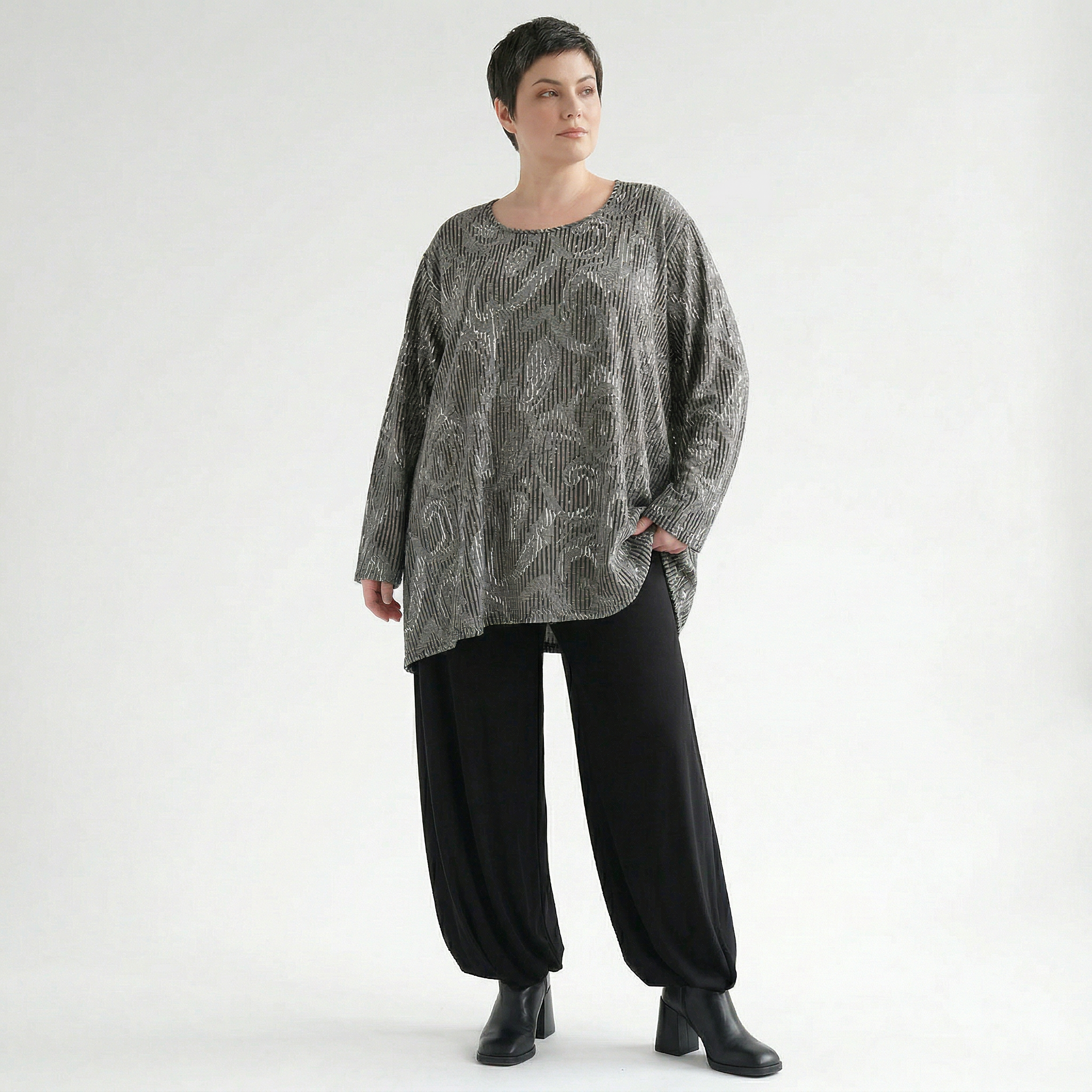 A-Form Bigshirt von AKH Fashion aus Materialmix, 1500593, Grau/Schwarz/Weiß, Vichy-Streifen
